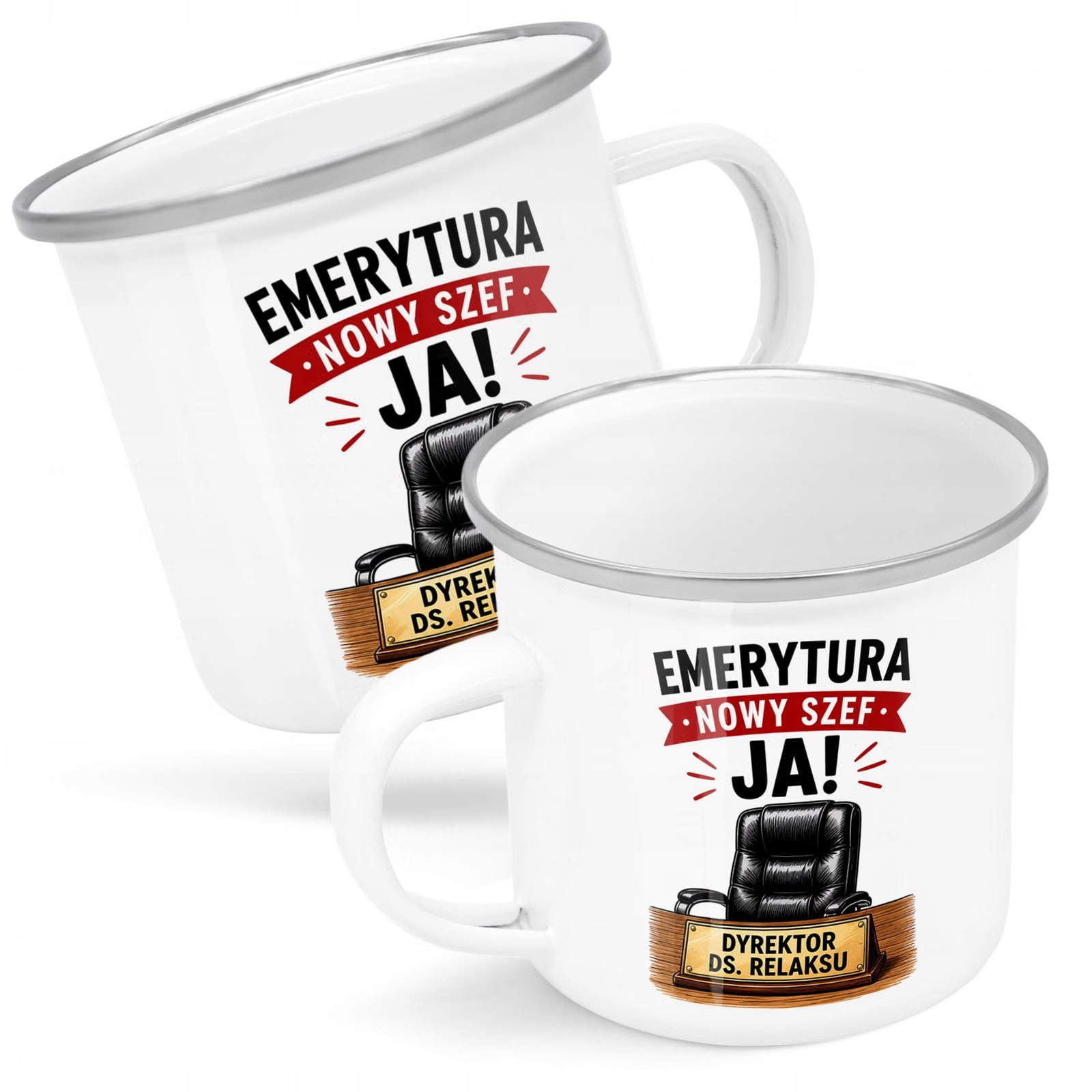 Kubek Emaliowany Emerytura Dla Emeryta z Nadrukiem Biały Metalowy Prezent
