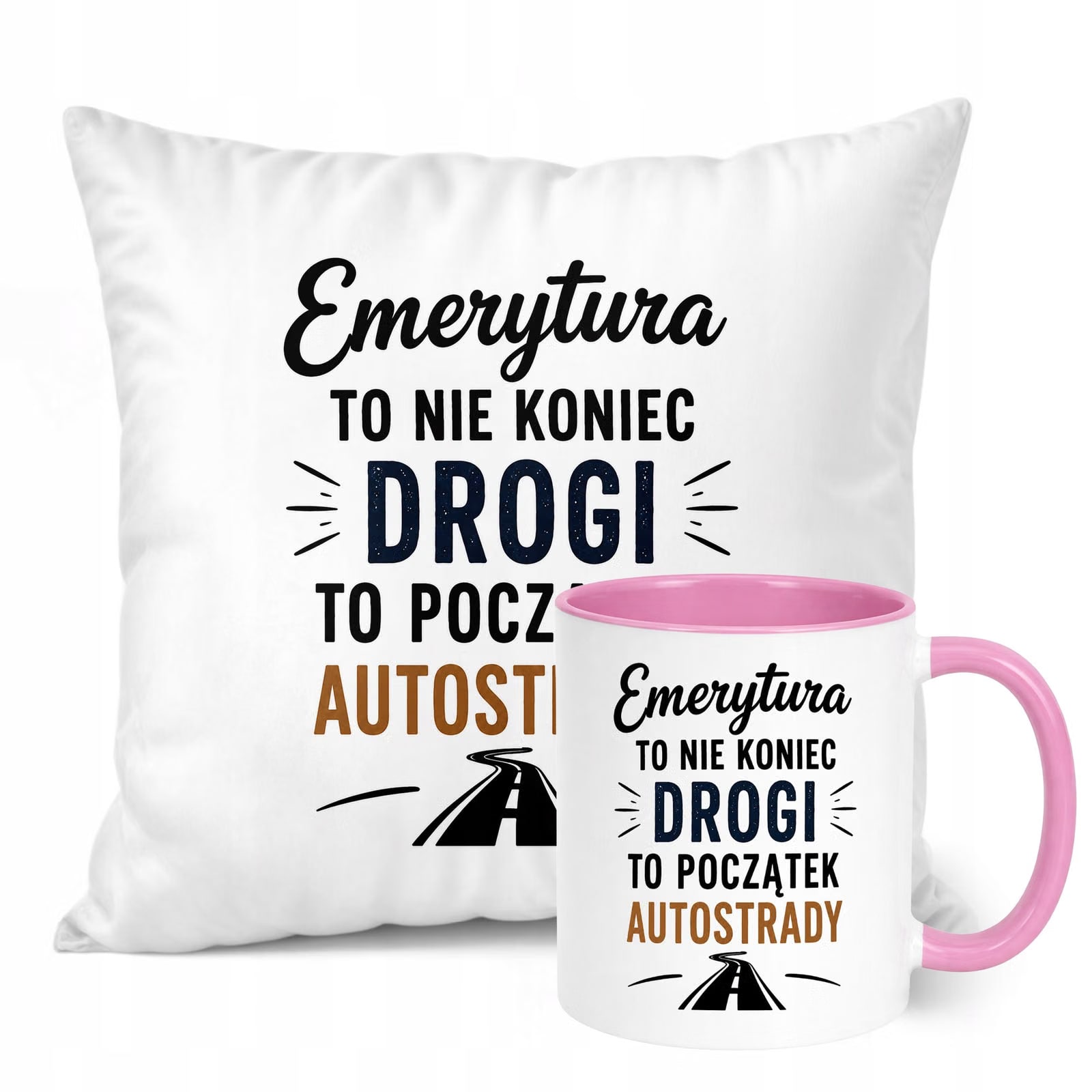 Zestaw Kubek Różowy Poduszka Z Nadrukiem Emerytura Dla Emeryta Prezent