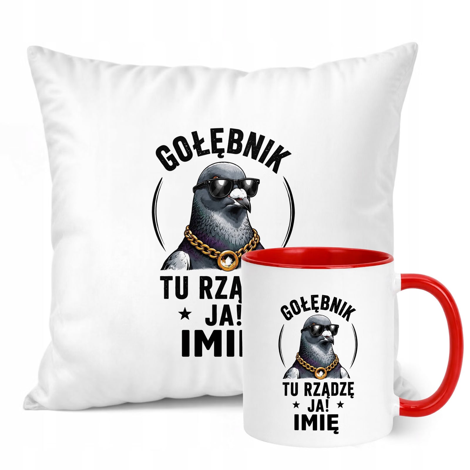 Zestaw Personalizowany Kubek Czerwony Poduszka Z Nadrukiem Dla Gołębiarza