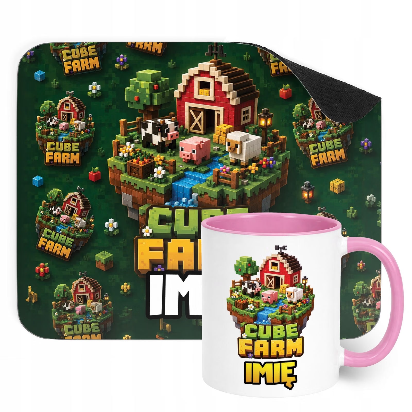 Zestaw personalizowany Kubek Różowy Podkładka pod mysz gra Cube Farm