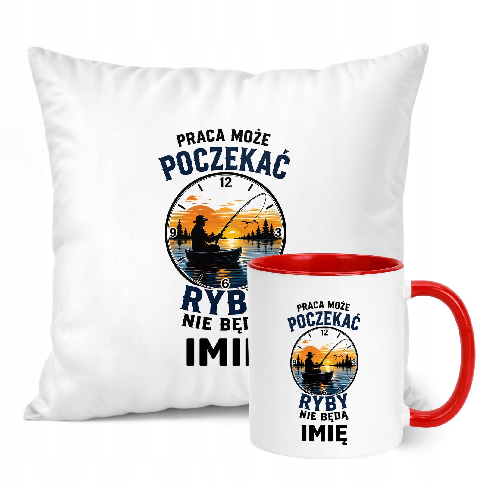 Zestaw Personalizowany Kubek Czerwony Poduszka Z Nadrukiem Dla Wędkarza