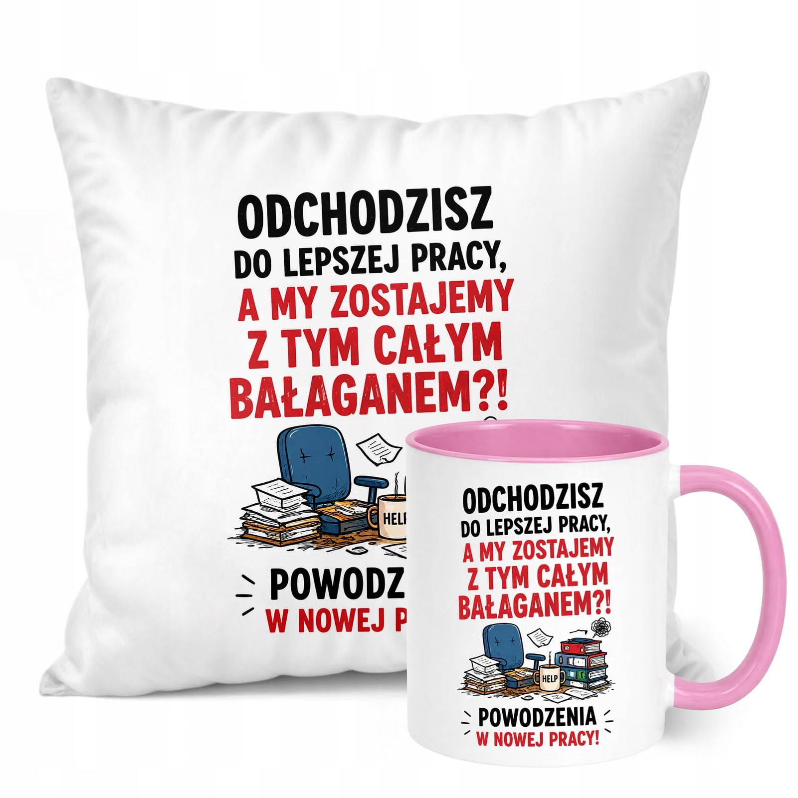 Zestaw Kubek Różowy Poduszka Z Nadrukiem Odejście z Pracy Prezent