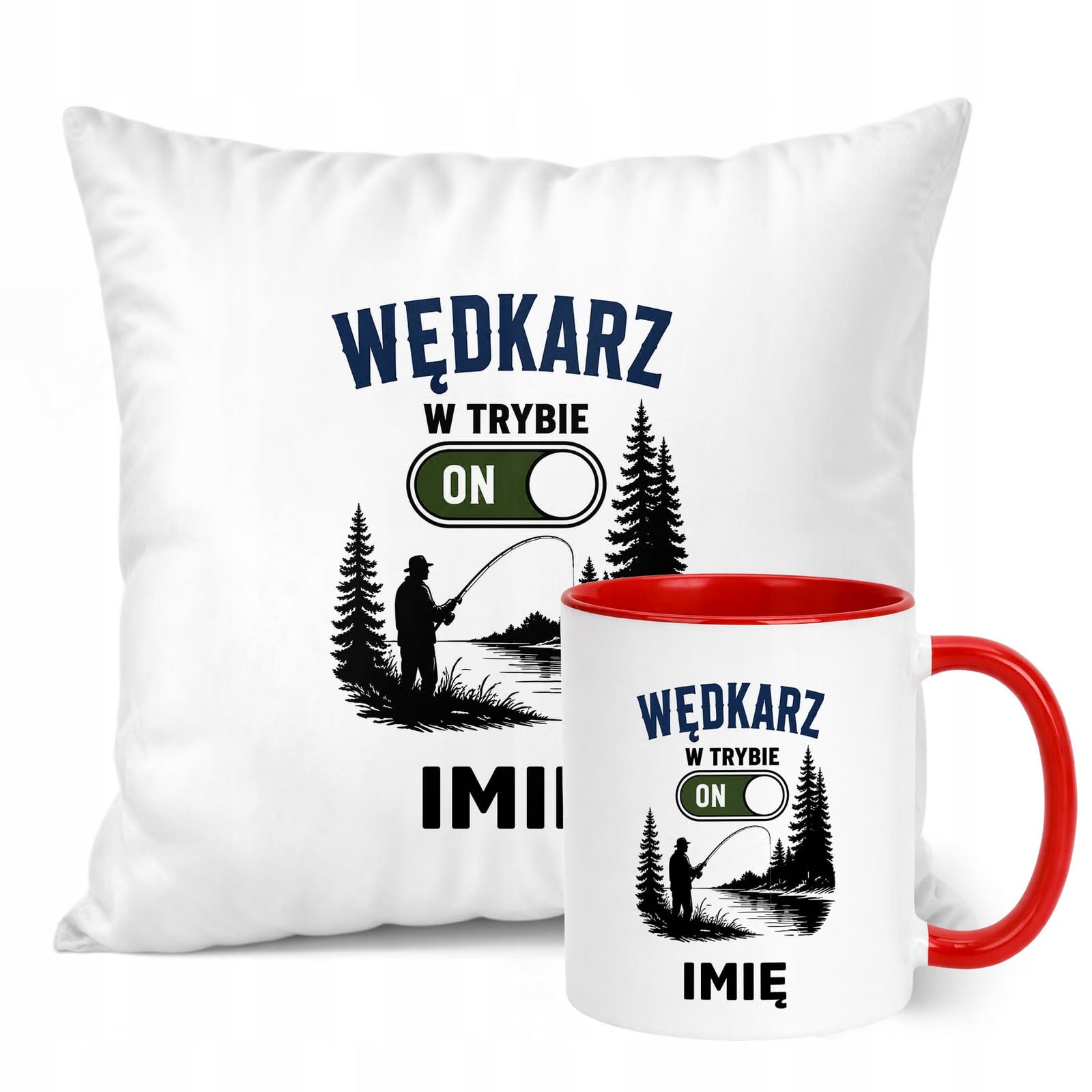 Zestaw Personalizowany Kubek Czerwony Poduszka Z Nadrukiem Dla Wędkarza