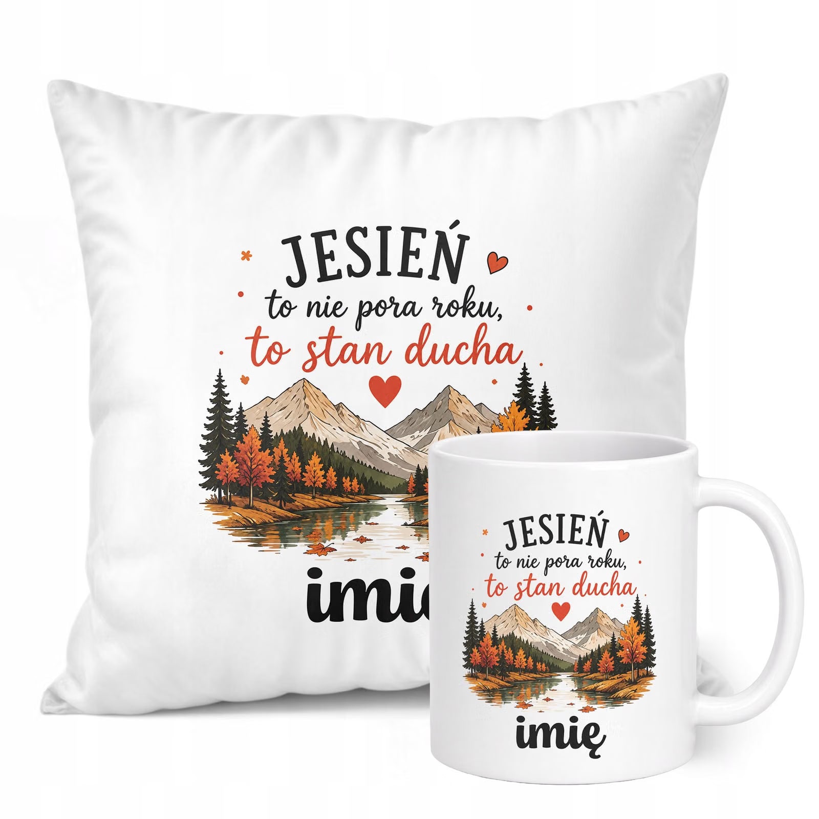 Zestaw Personalizowany Kubek Biały Poduszka Jesień Jesienny Z Nadrukiem