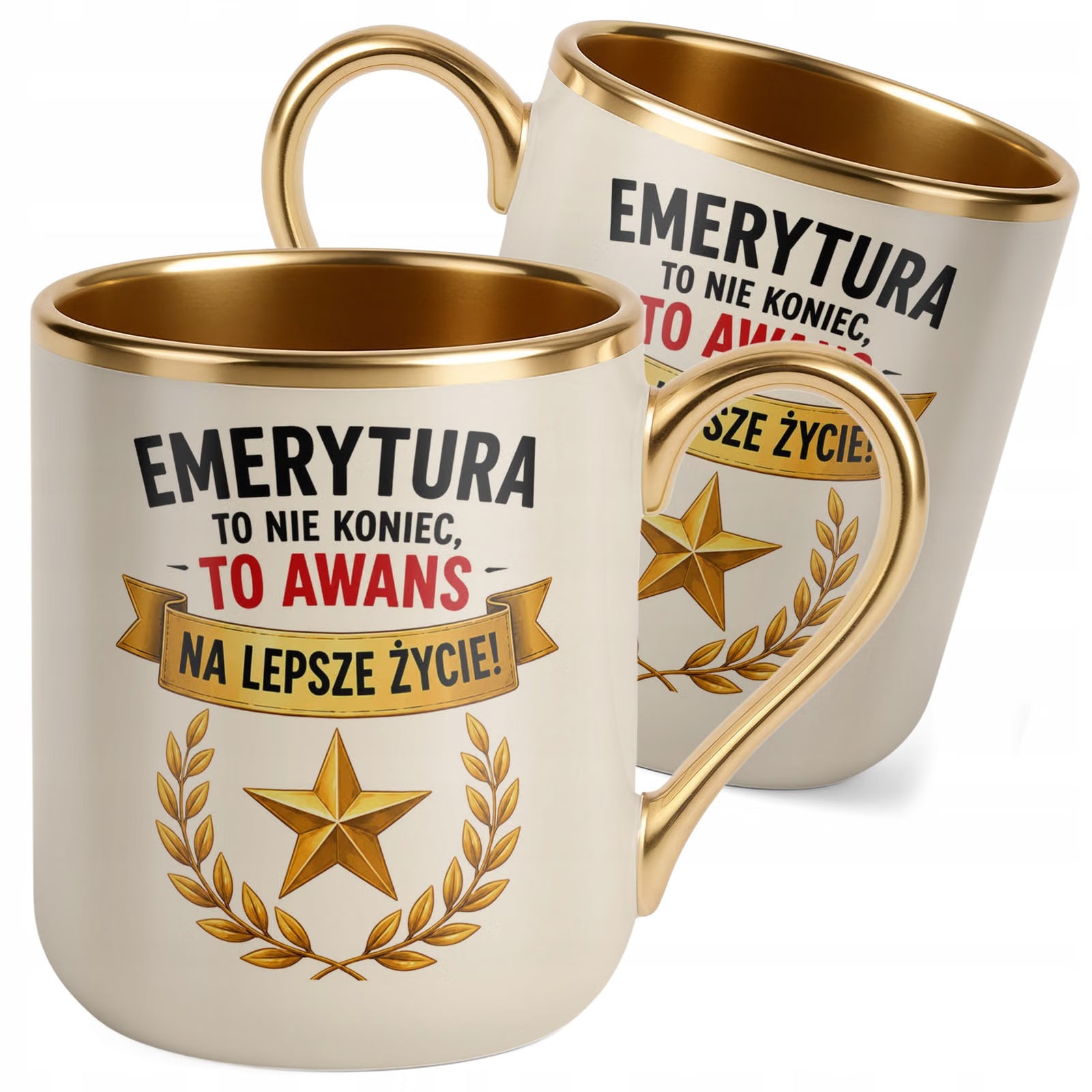 Kubek z nadrukiem Premium Złoty Ecru Emerytura Dla Emeryta Emerytki Prezent