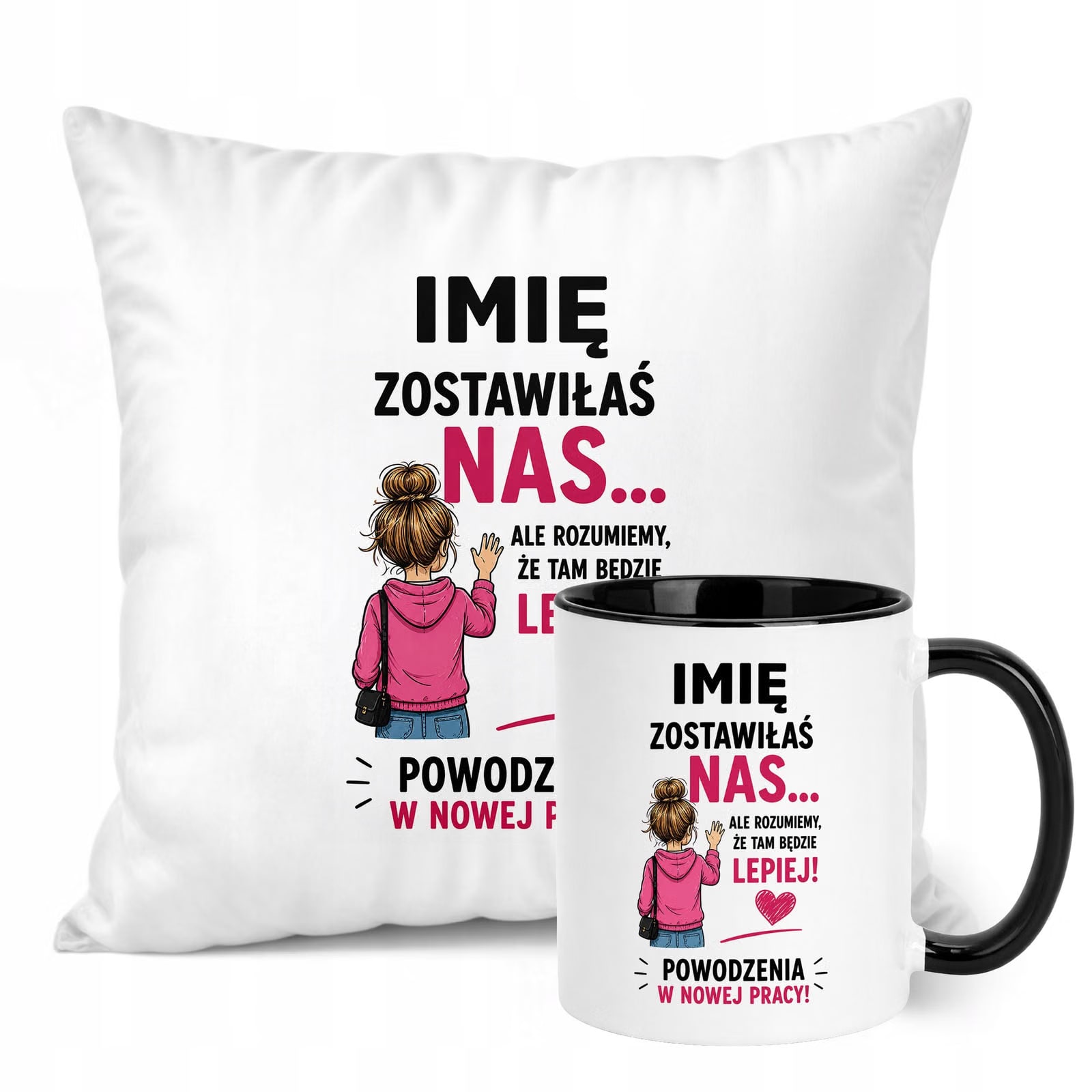 Zestaw Personalizowany Kubek Czarny Poduszka Odejście z Pracy Prezent