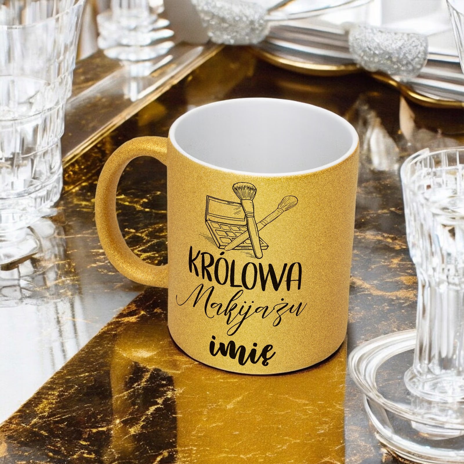 Złoty kubek brokatowy Personalizowany Królowa Makijażu Prezent