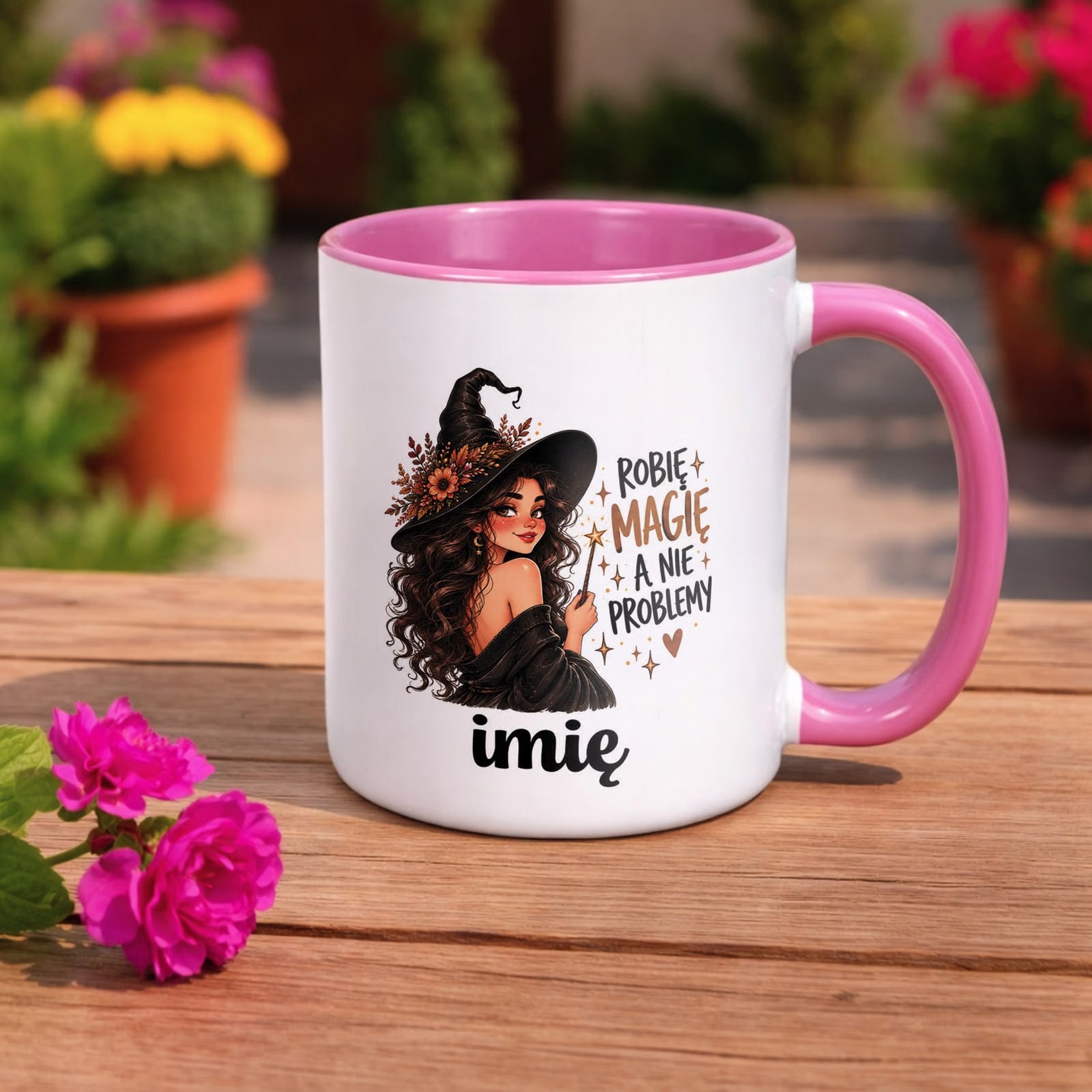 Kubek Różowy Personalizowany z Nadrukiem Dla Kobiet Czarownica Wiedźma