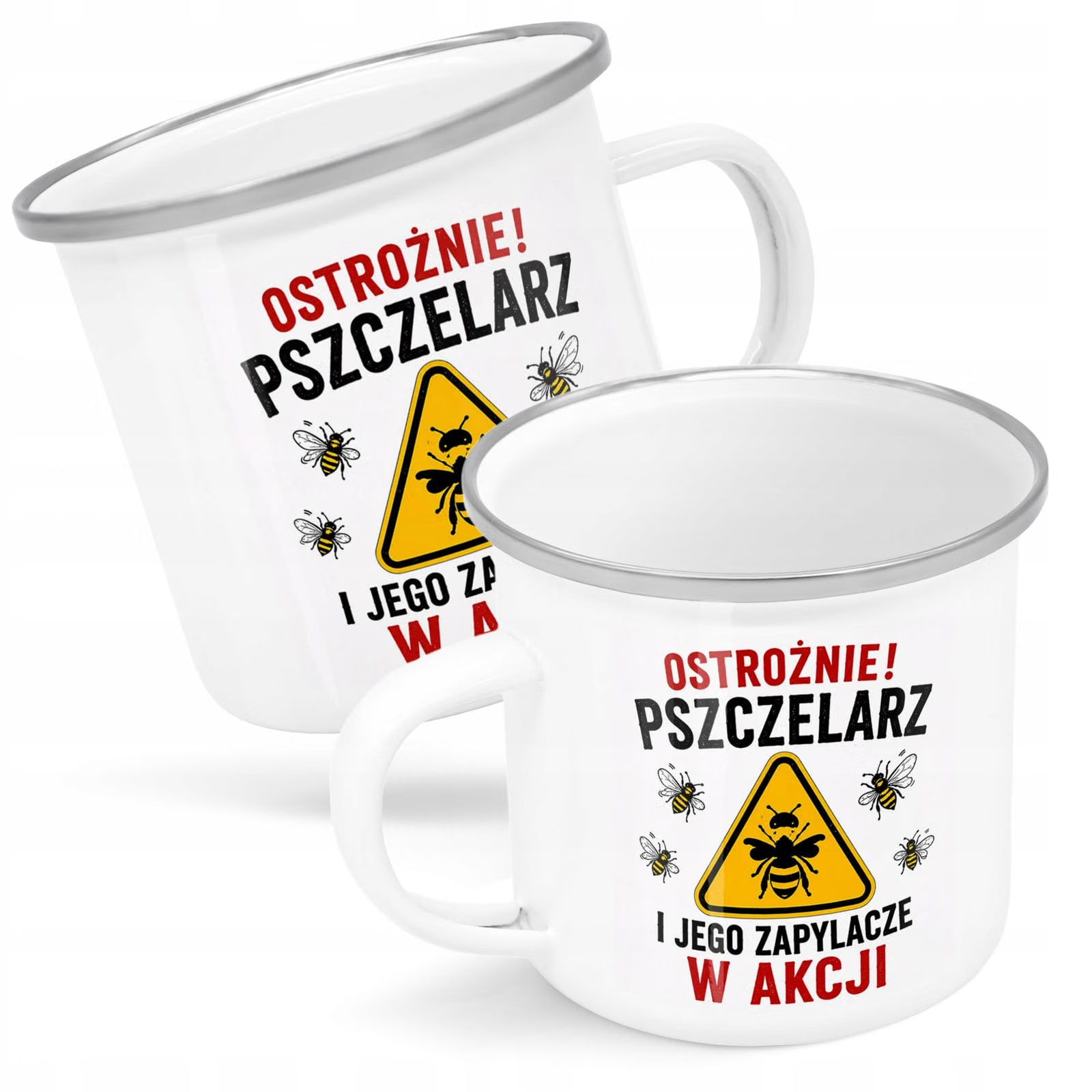 Kubek Emaliowany Dla Pszczelarza z Nadrukiem Biały Metalowy Prezent
