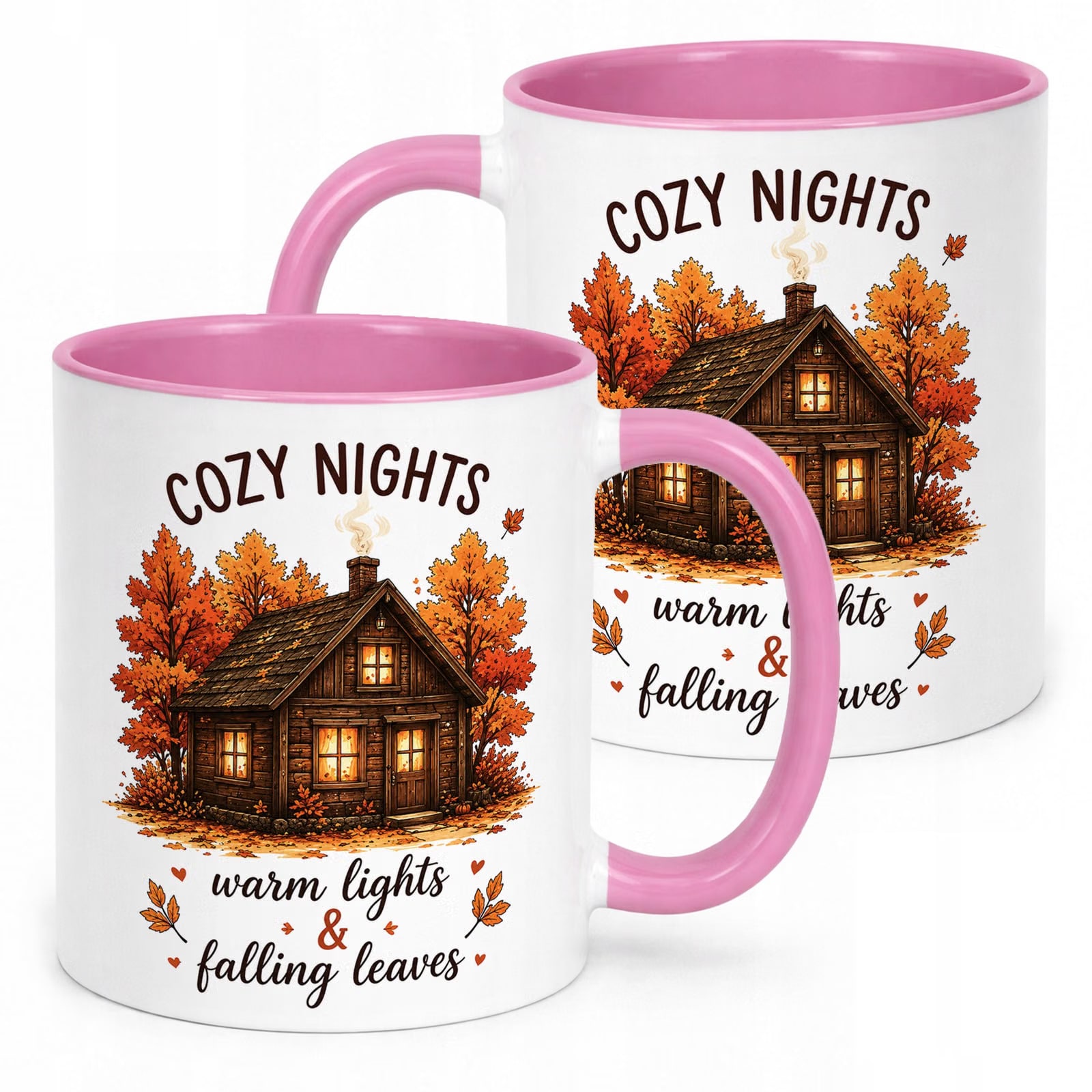 Różowy Kubek z nadrukiem Jesienny Jesień Cozy nights Prezent