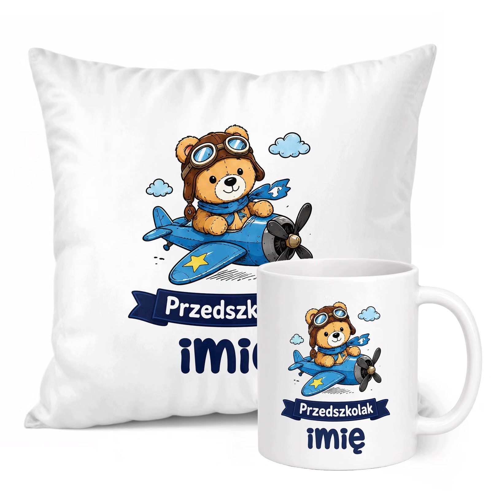 Zestaw Personalizowany Kubek Biały Poduszka Przedszkolak Miś