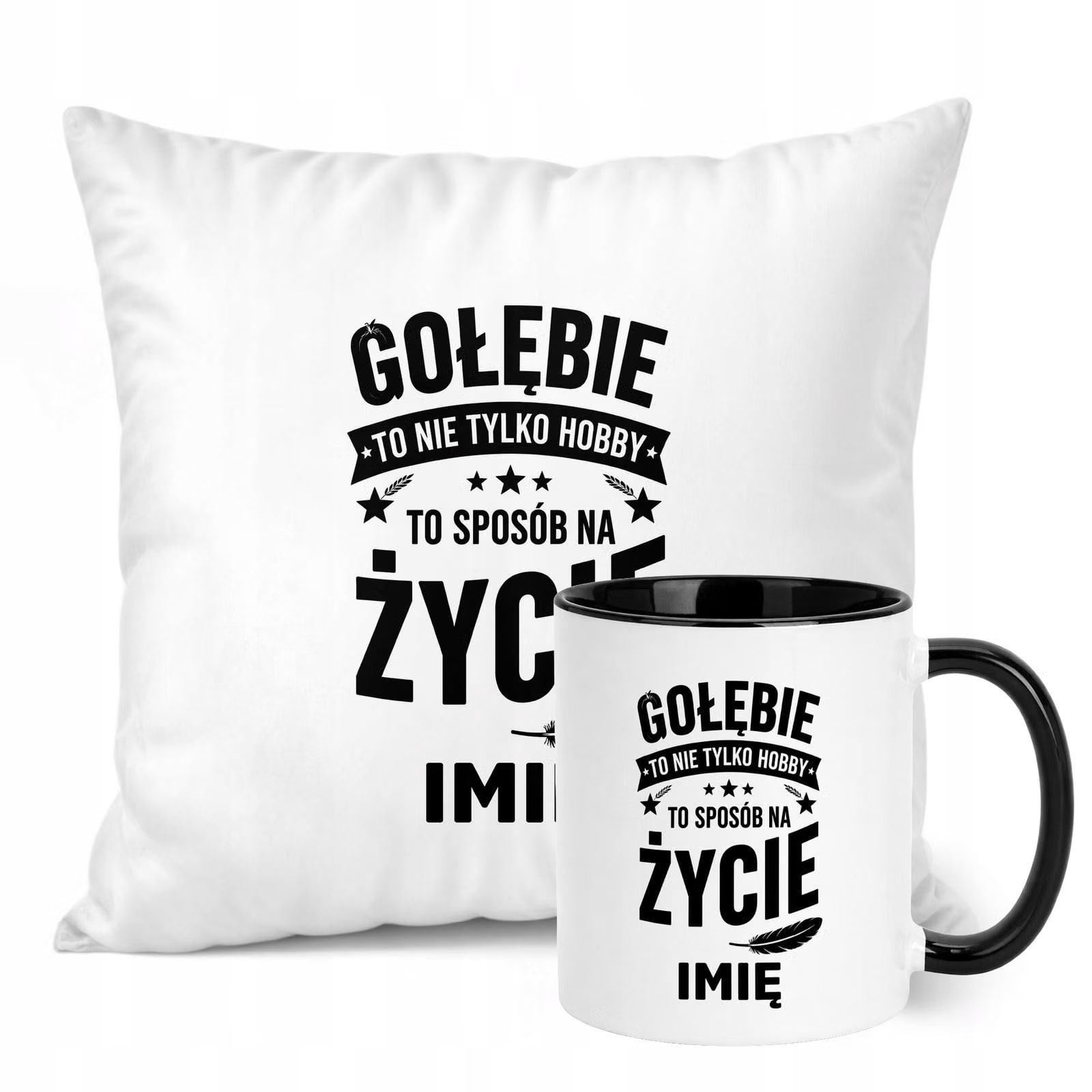 Zestaw Personalizowany Kubek Czarny Poduszka Z Nadrukiem Dla Gołębiarza