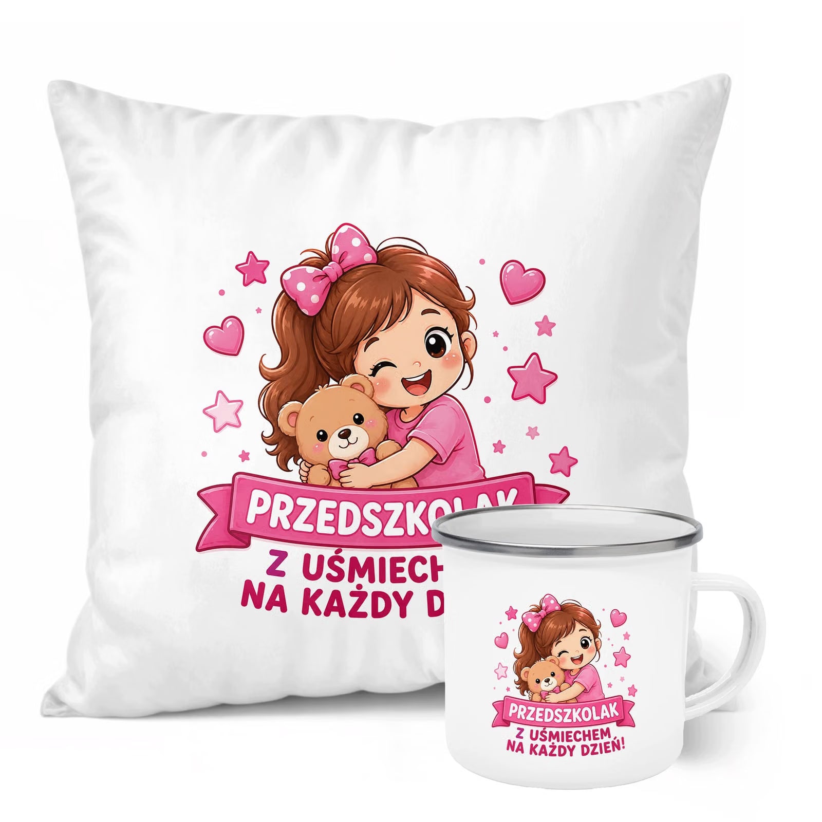 Zestaw Kubek Emaliowany Poduszka Z Nadrukiem Przedszkolak Szkoła Prezent