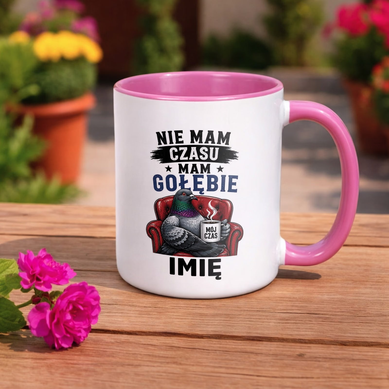 Różowy Kubek Personalizowany z nadrukiem Dla Gołębiarza Upominek Prezent
