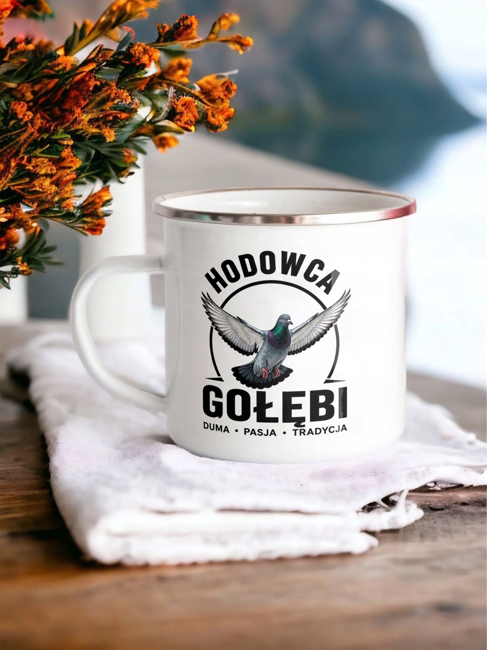 Kubek Emaliowany Dla Hodowcy Gołębi z Nadrukiem Biały Metalowy Prezent