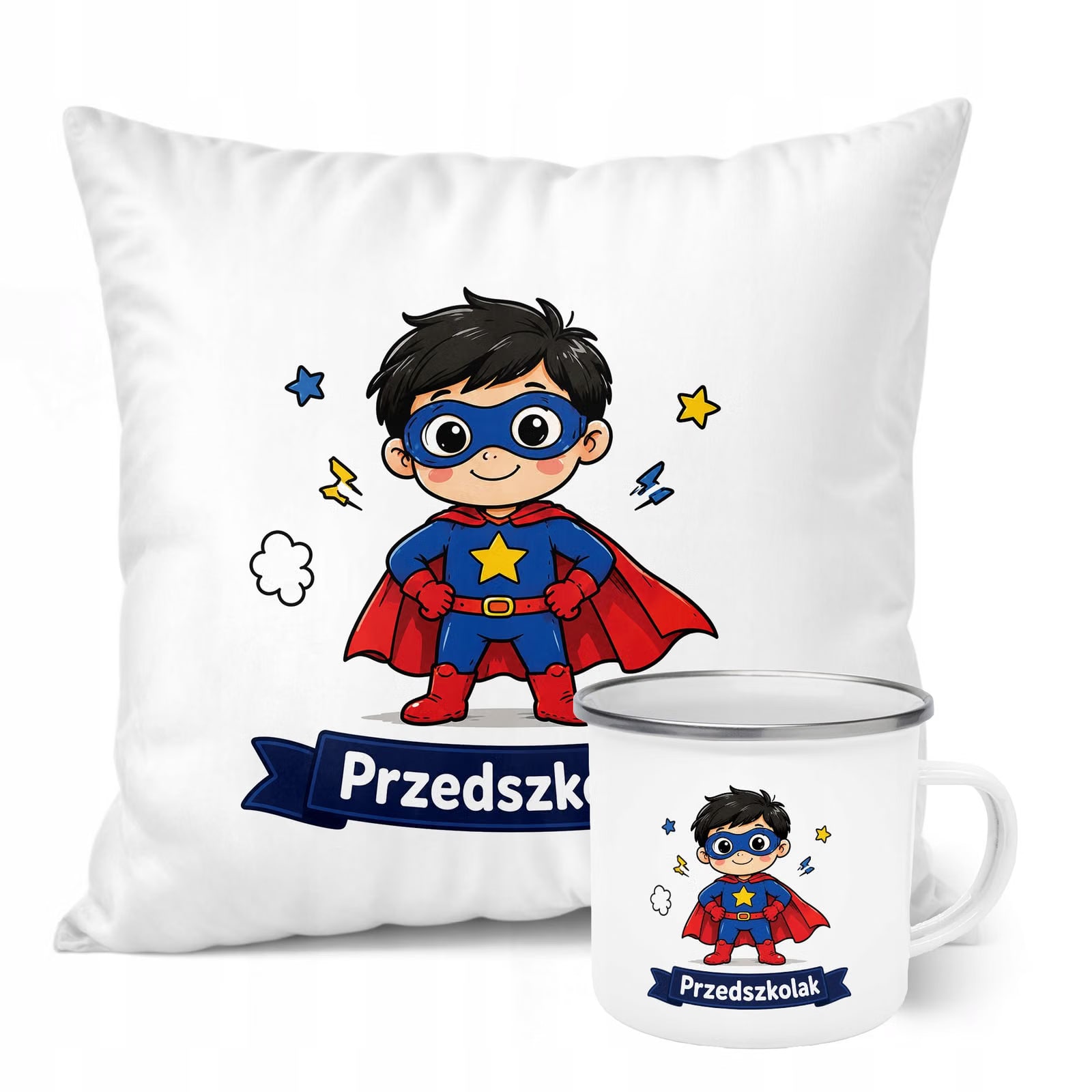 Zestaw Kubek Emaliowany Poduszka Z Nadrukiem Przedszkolak Szkoła Prezent