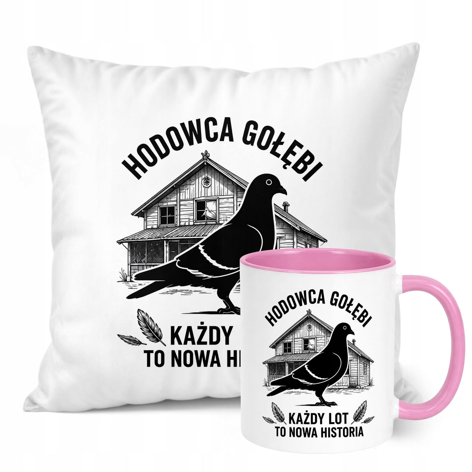 Zestaw Kubek Różowy Poduszka Z Nadrukiem Dla Gołębiarza Prezent