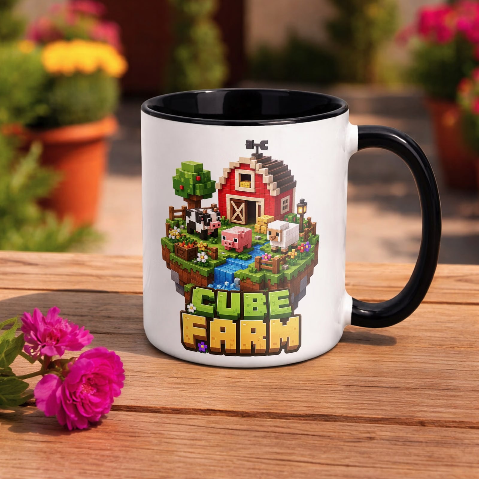 Kubek Czarny z nadrukiem CUBE FARM Dla Dzieci Prezent Upominek