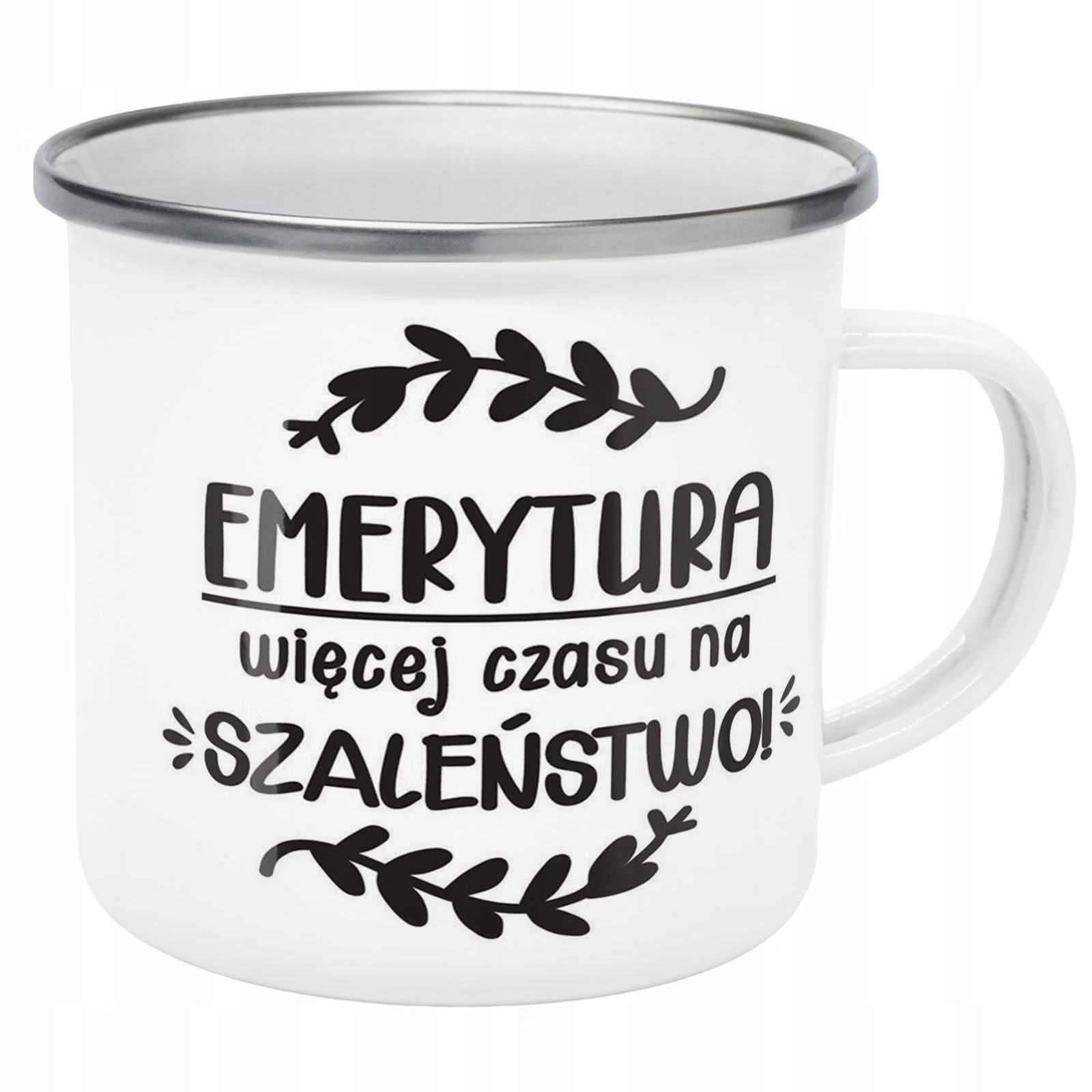 Kubek Emaliowany z okazji Emerytury Dla Emeryta z Nadrukiem Biały Metalowy