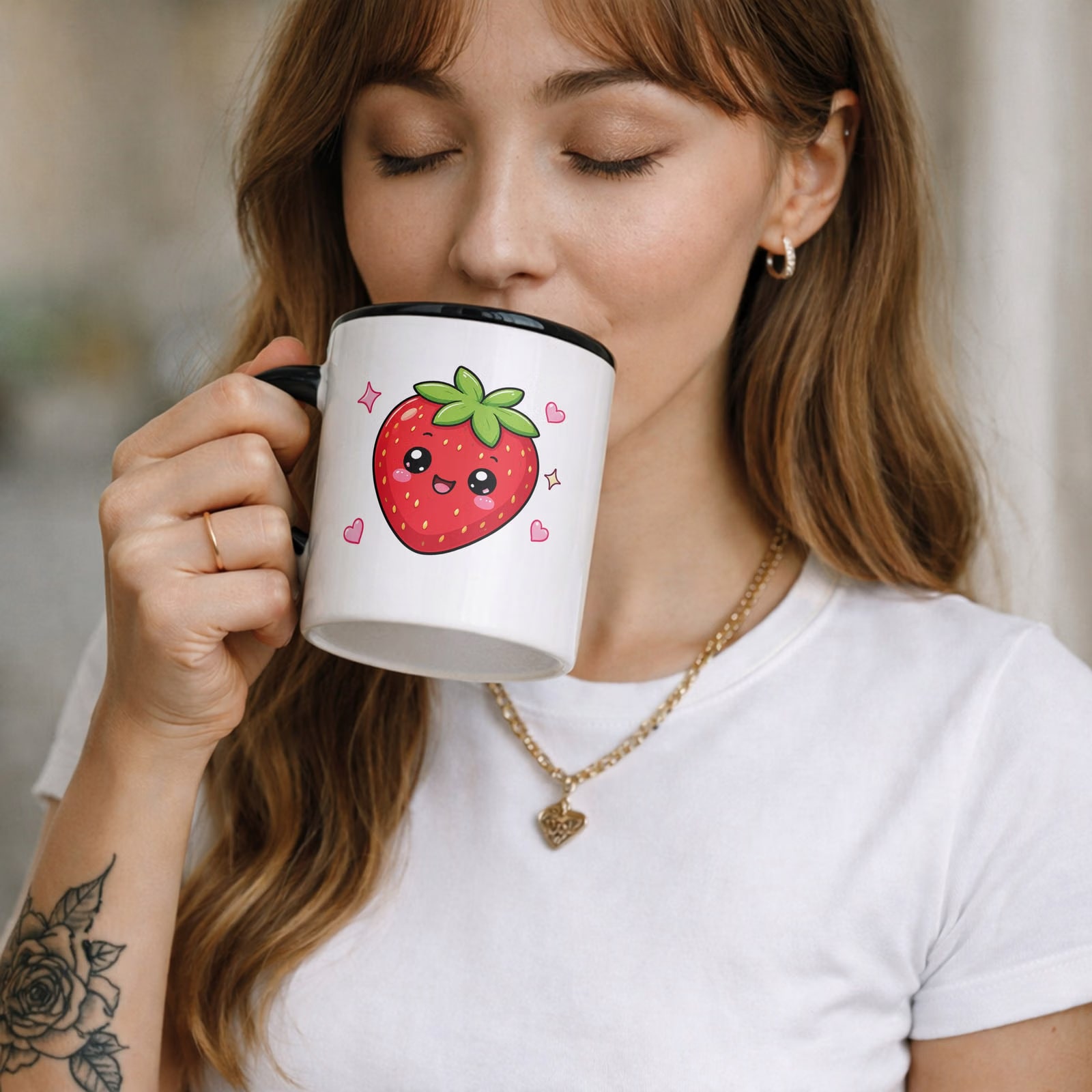 Zestaw Kubek Czarny Poduszka Z Nadrukiem Kawaii Truskawka Prezent