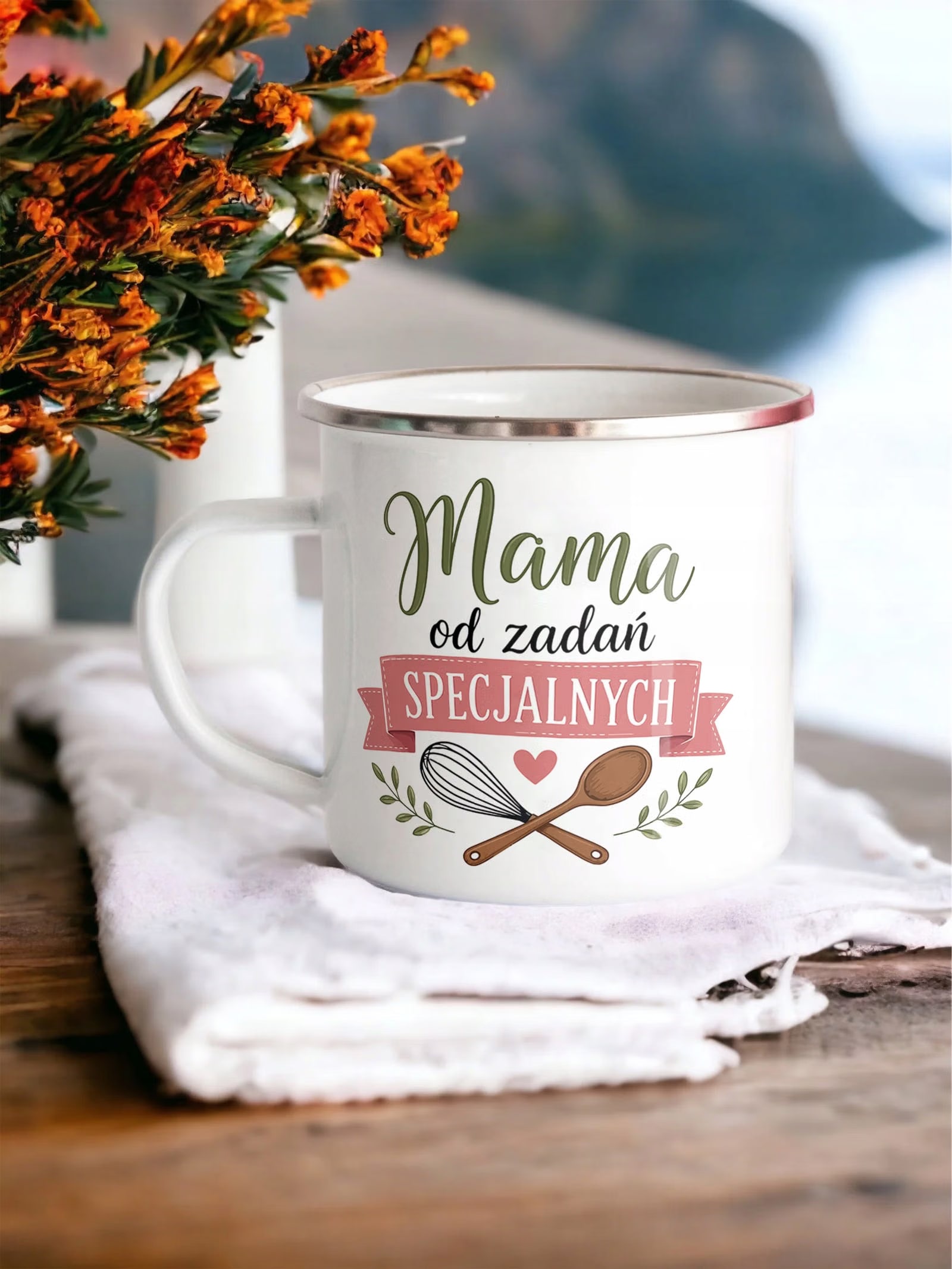 Kubek Emaliowany Dzień Matki dla mamy wyjątkowy z Nadrukiem Biały Metalowy