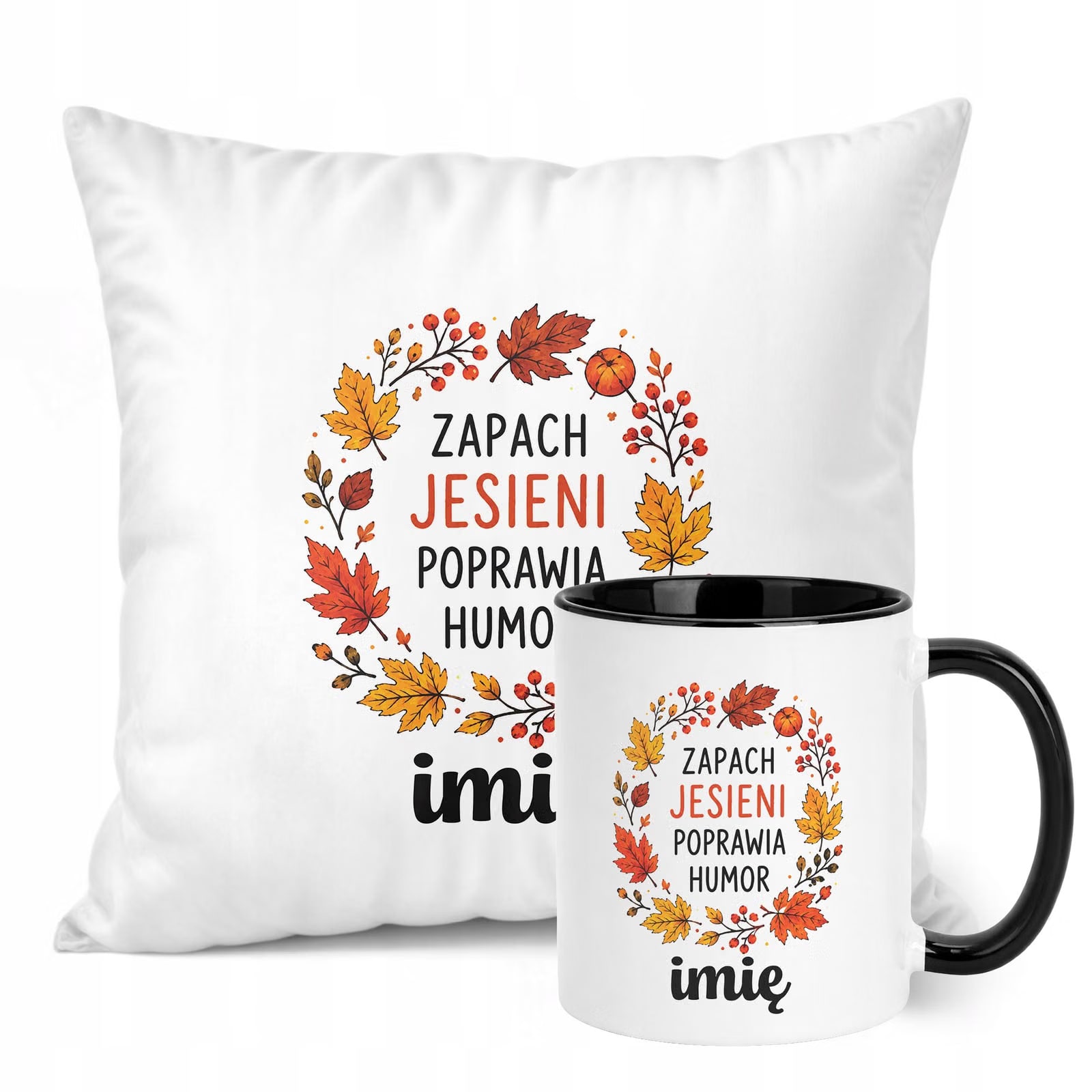 Zestaw Personalizowany Kubek Czarny Poduszka Jesień Jesienny Z Nadrukiem