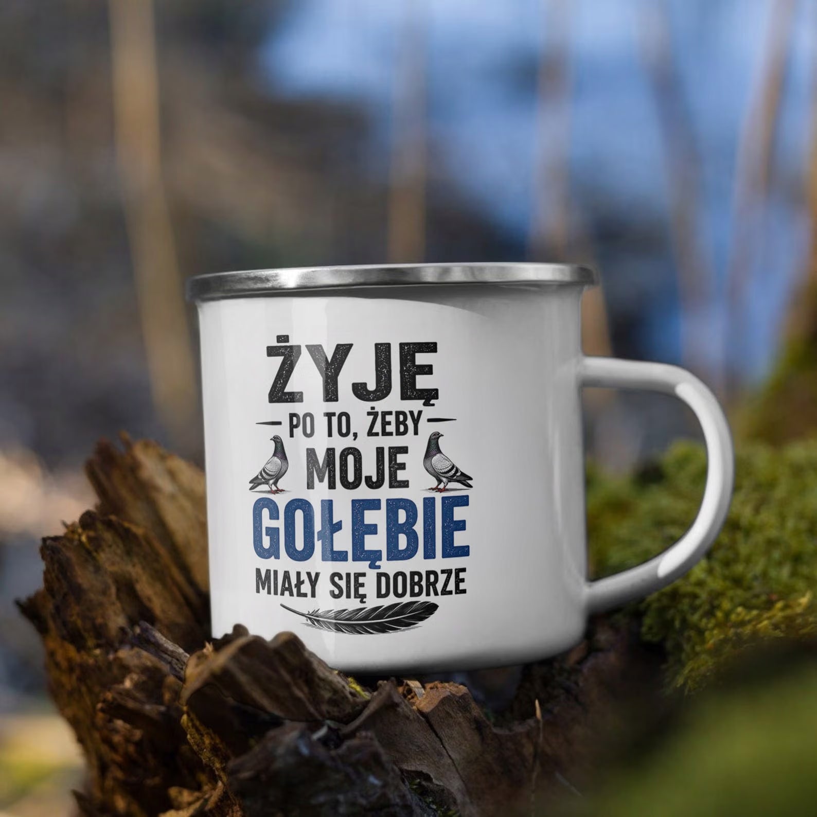 Kubek Emaliowany Dla Hodowcy Gołębi z Nadrukiem Biały Metalowy Prezent