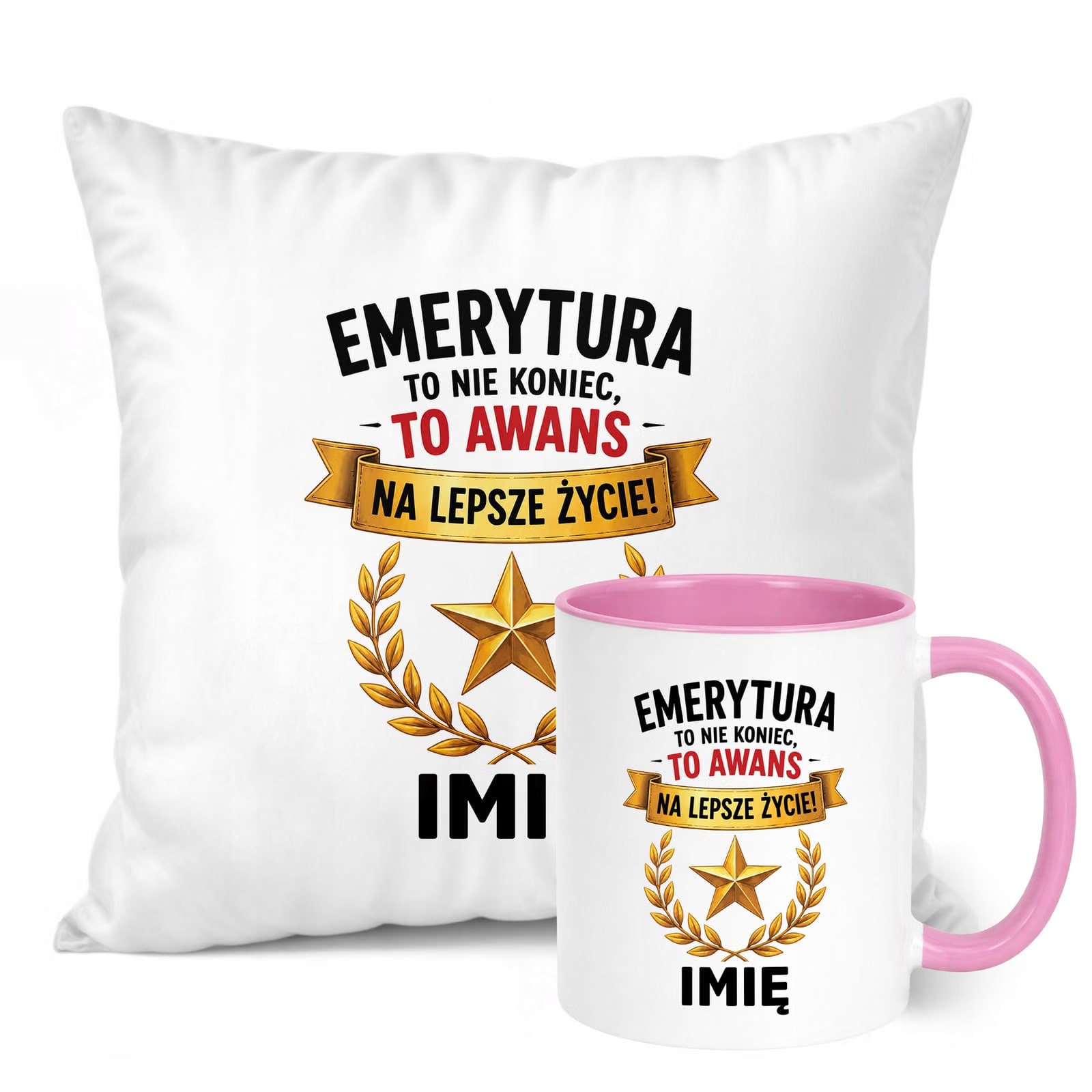 Zestaw Personalizowany Kubek Różowy Poduszka Emerytura Upominek Prezent