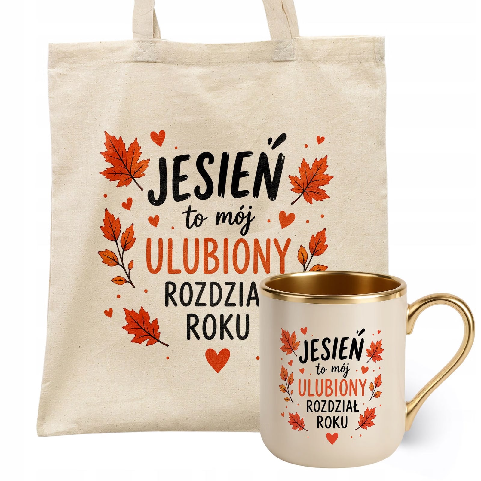 Zestaw Kubek Premium Złoty Ecru Torba Shopper Ecru Z Nadrukiem Jesień