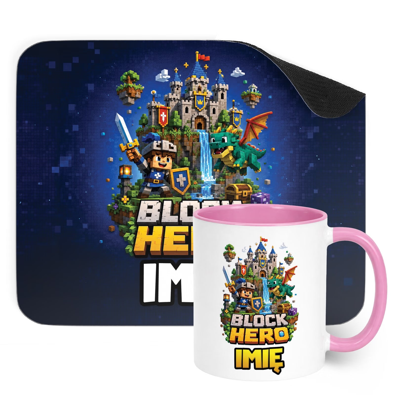 Zestaw personalizowany Kubek Różowy Podkładka pod mysz gra Block Hero