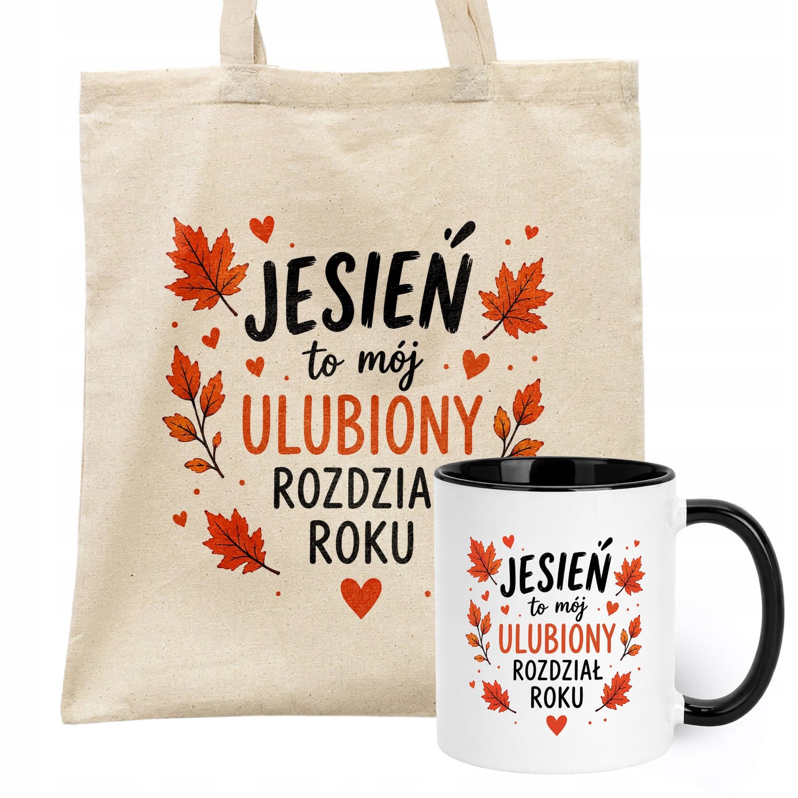 Zestaw Kubek Czarny Torba Shopper Ecru Z Nadrukiem Jesień Jesienny