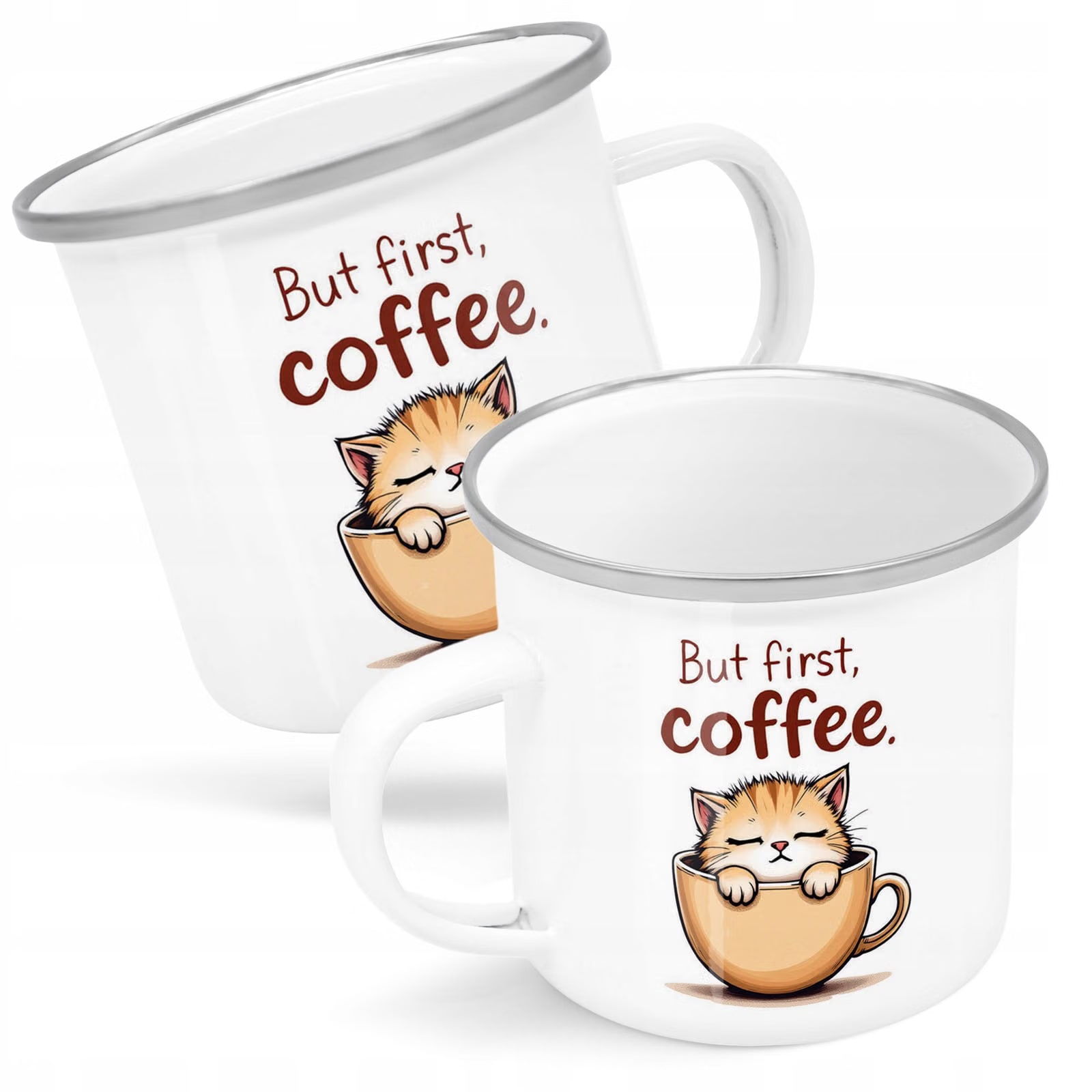 Kubek Emaliowany But First Coffee Kawa Kot Dla z Nadrukiem Biały Metalowy
