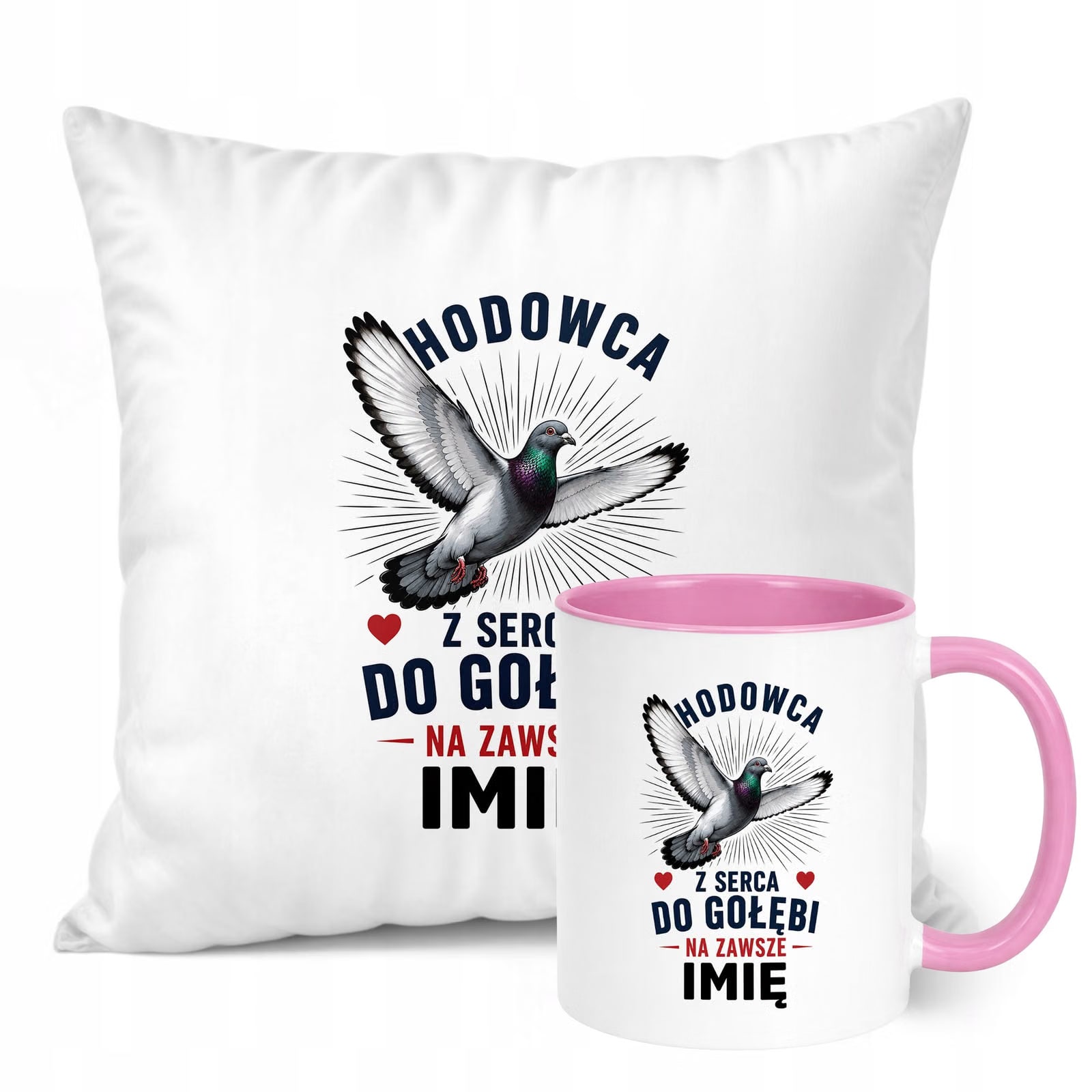 Zestaw Personalizowany Kubek Różowy Poduszka Z Nadrukiem Dla Gołębiarza