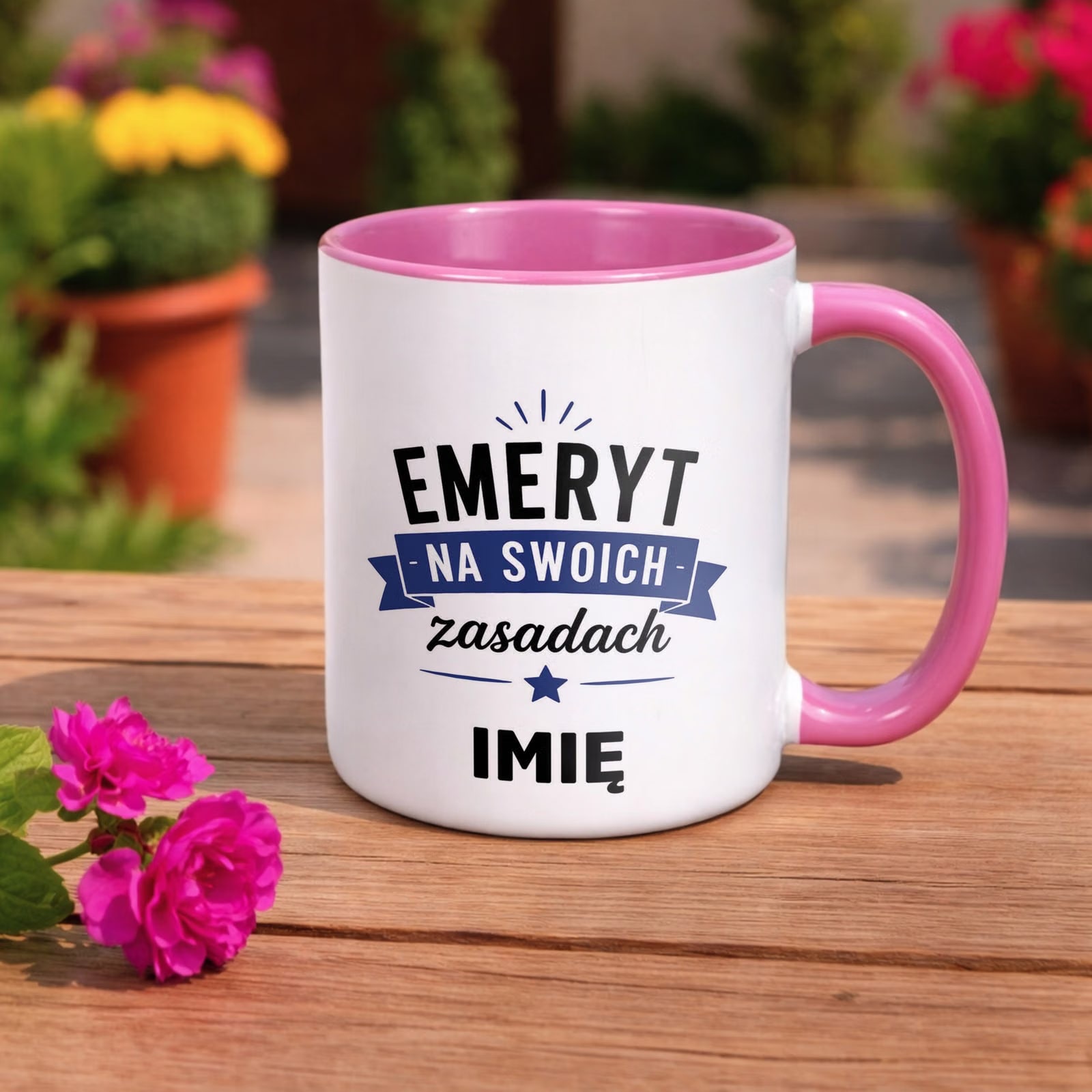 Kubek Różowy Personalizowany z Nadrukiem Emerytura Dla Emeryta Prezent