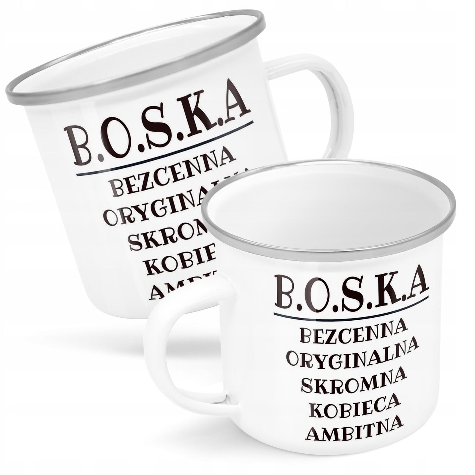 Kubek Emaliowany B.O.S.K.A Dla Kobiety Zabawny z Nadrukiem Biały Metalowy