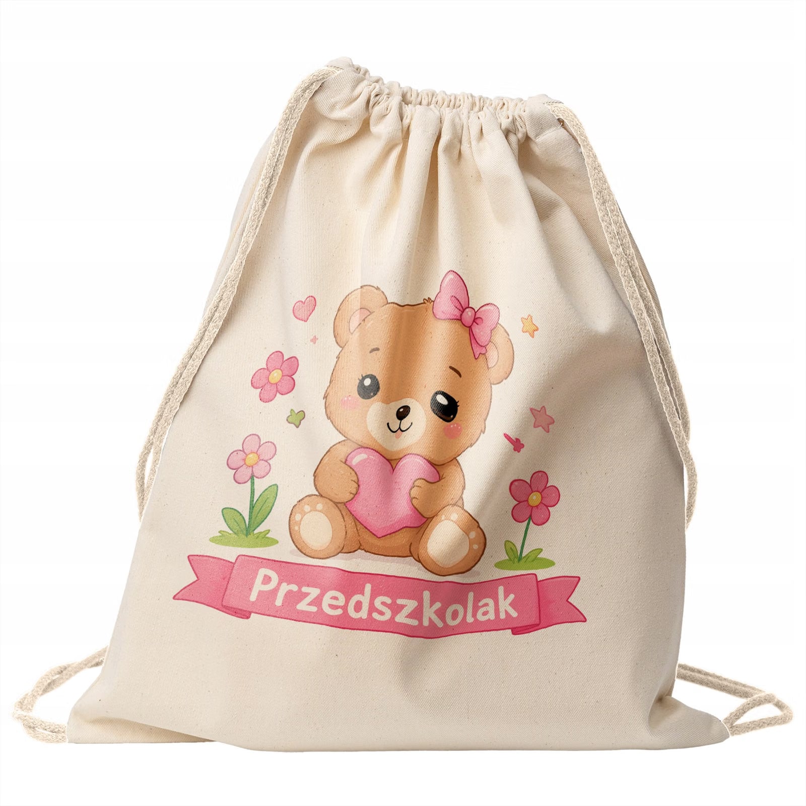 Plecak Worek Przedszkolak z Nadrukiem Bawełniany Szkolny na Buty Ecru