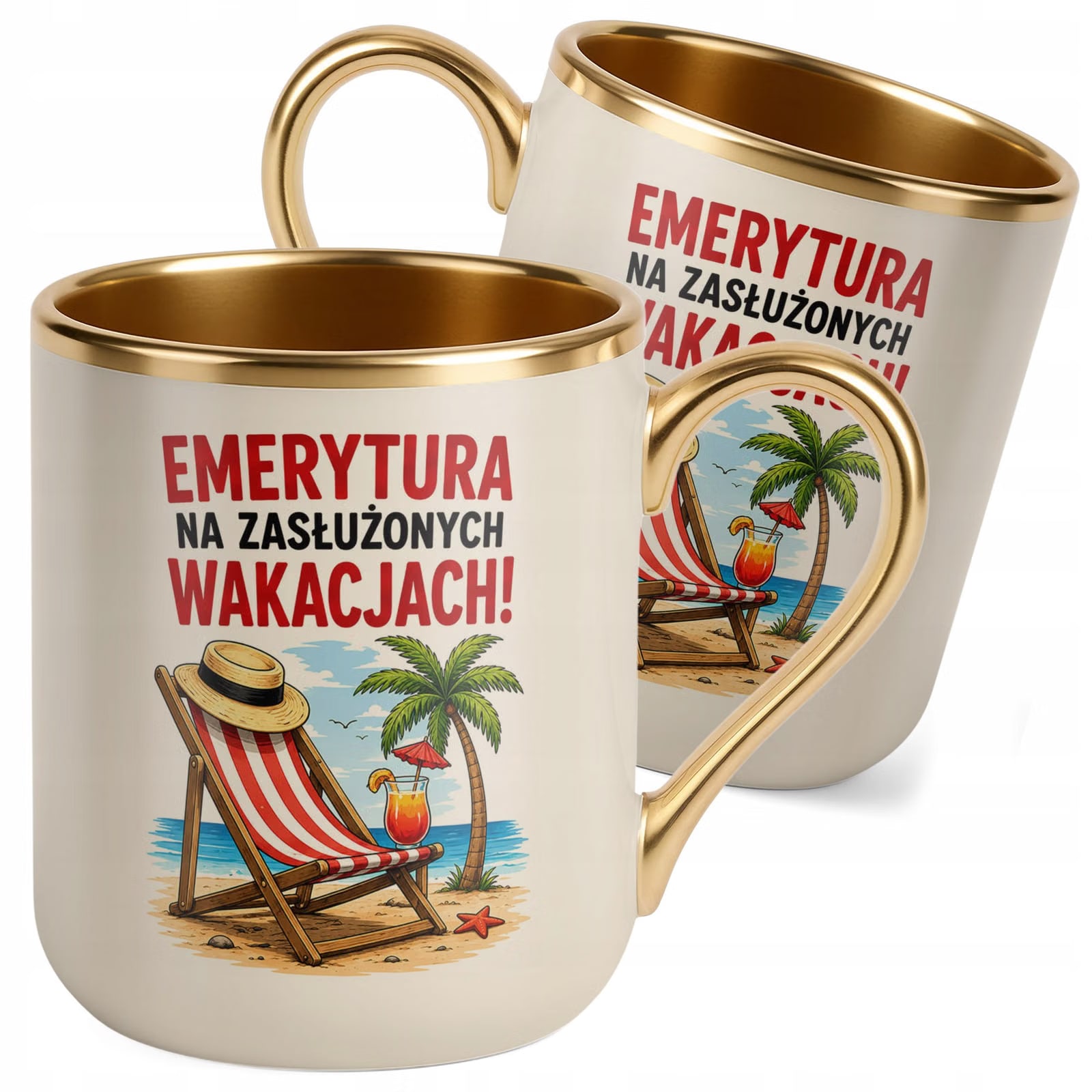 Kubek z nadrukiem Premium Złoty Ecru Emerytura Dla Emeryta Emerytki Prezent