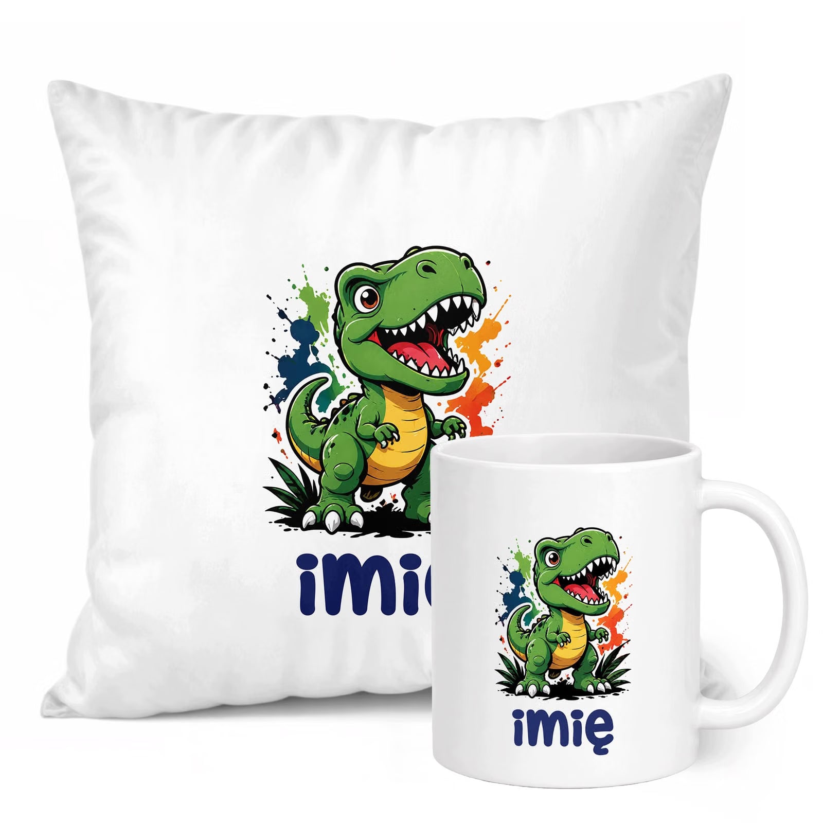 Zestaw Personalizowany Kubek Biały Poduszka T-rex Prezent