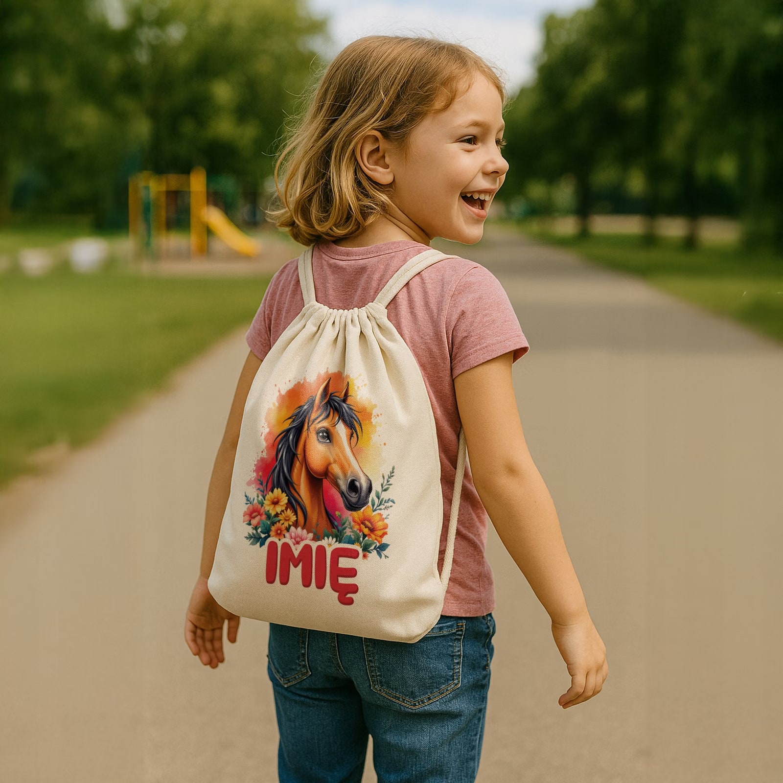 Plecak bawełniany Personalizowany Z Koniem Koń Słodki Dla Dzieci