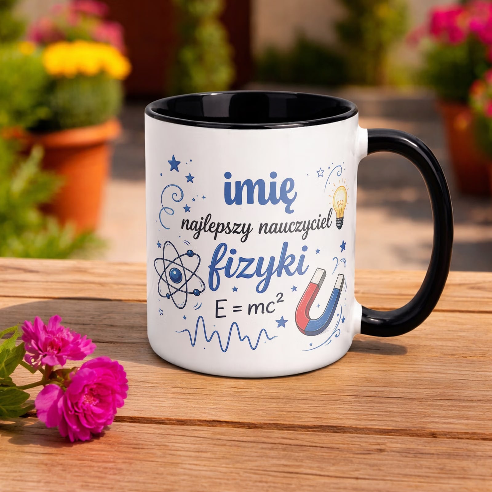 Kubek Czarny z Imieniem Dzień Nauczyciela Fizyka Prezent