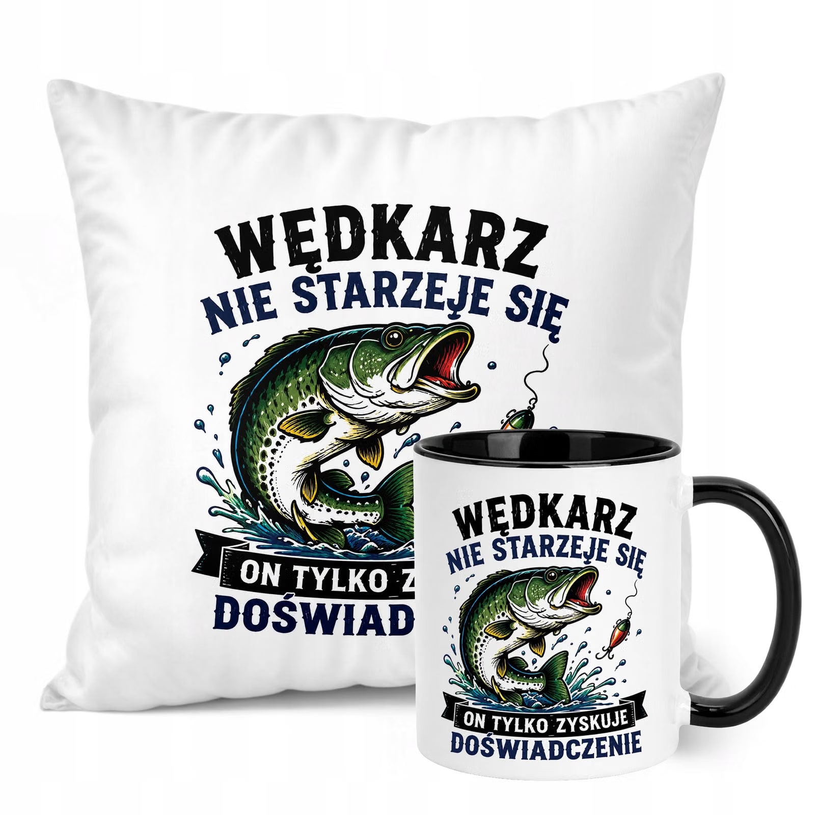 Zestaw Kubek Czarny Poduszka Z Nadrukiem Dla Wędkarza Prezent