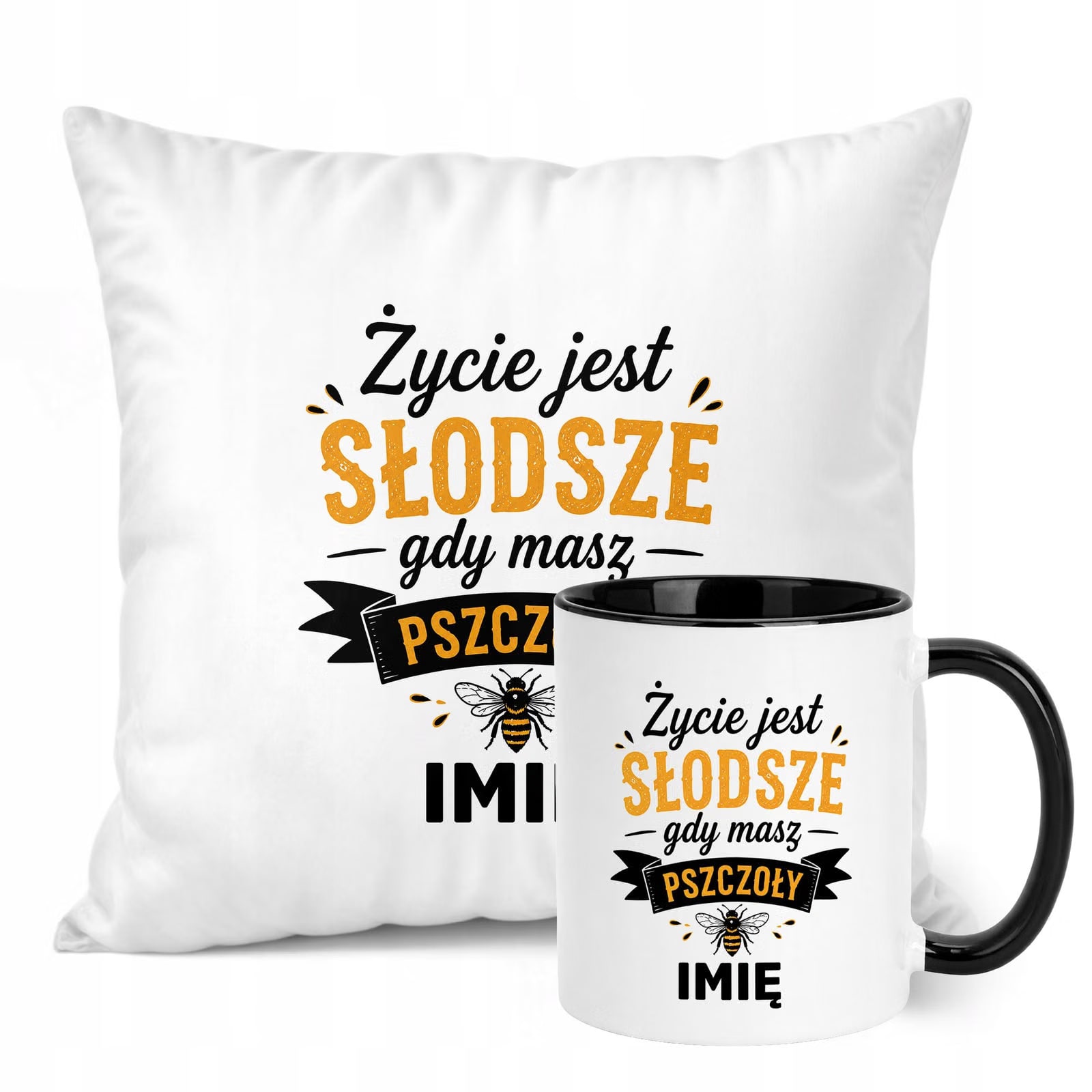 Zestaw Personalizowany Kubek Czarny Poduszka Z Nadrukiem Dla Pszczelarza