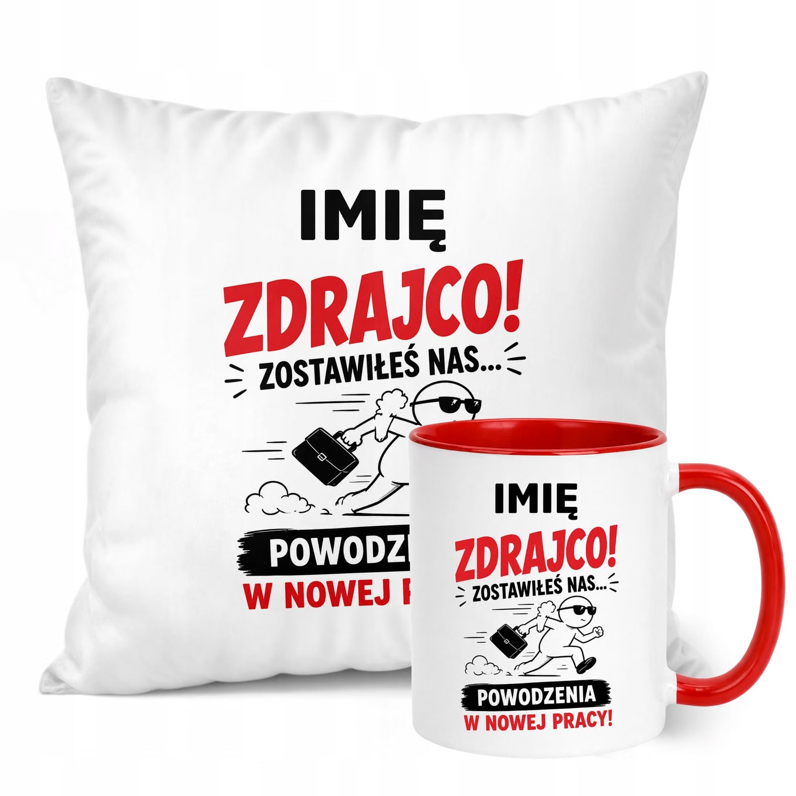 Zestaw Personalizowany Kubek Czerwony Poduszka Odejście z Pracy Prezent