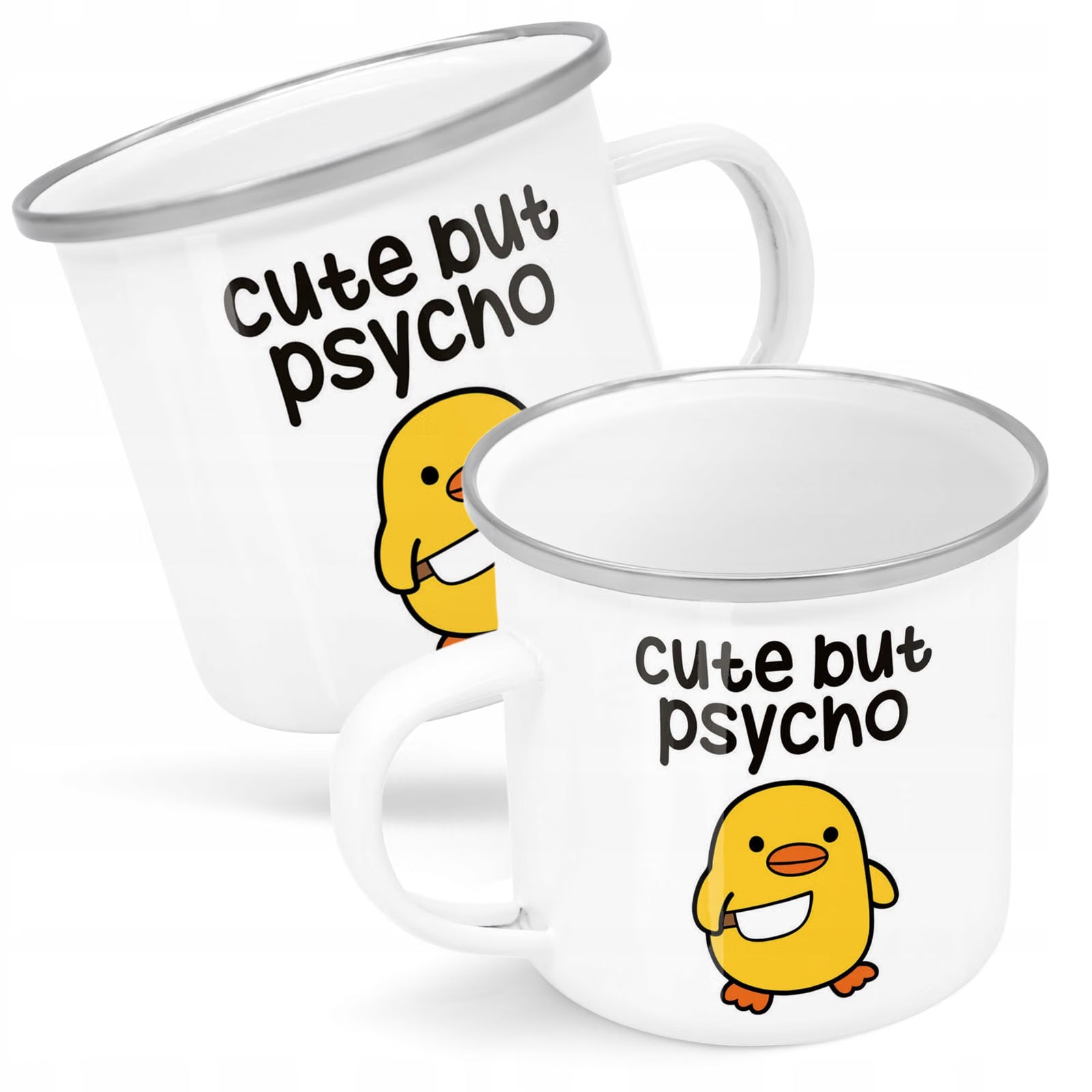 Kubek Emaliowany Cute But Psycho Zabawny z Nadrukiem Biały Metalowy