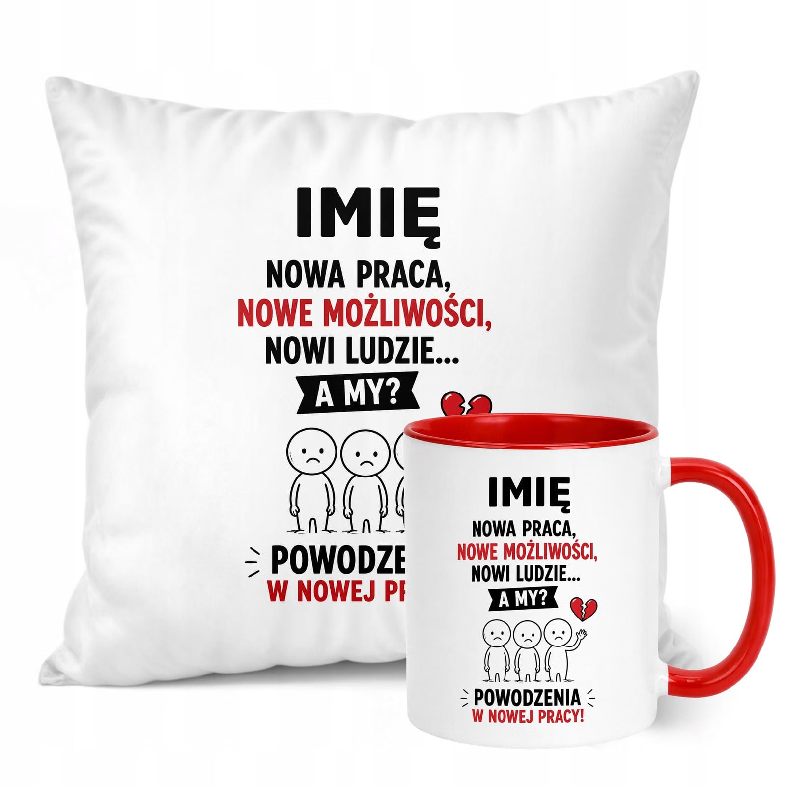 Zestaw Personalizowany Kubek Czerwony Poduszka Odejście z Pracy Prezent