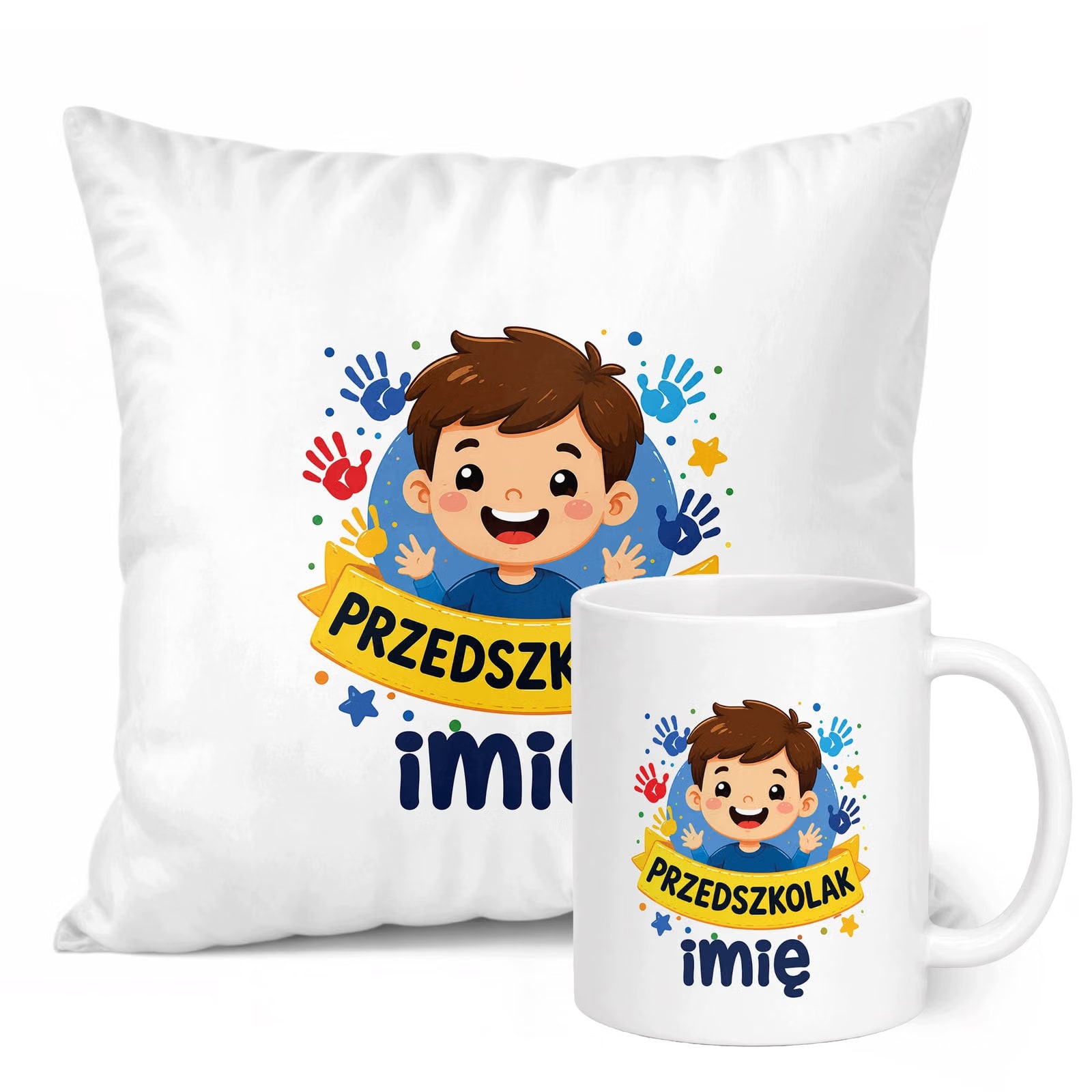 Zestaw Personalizowany Kubek Biały Poduszka Przedszkolak Prezent
