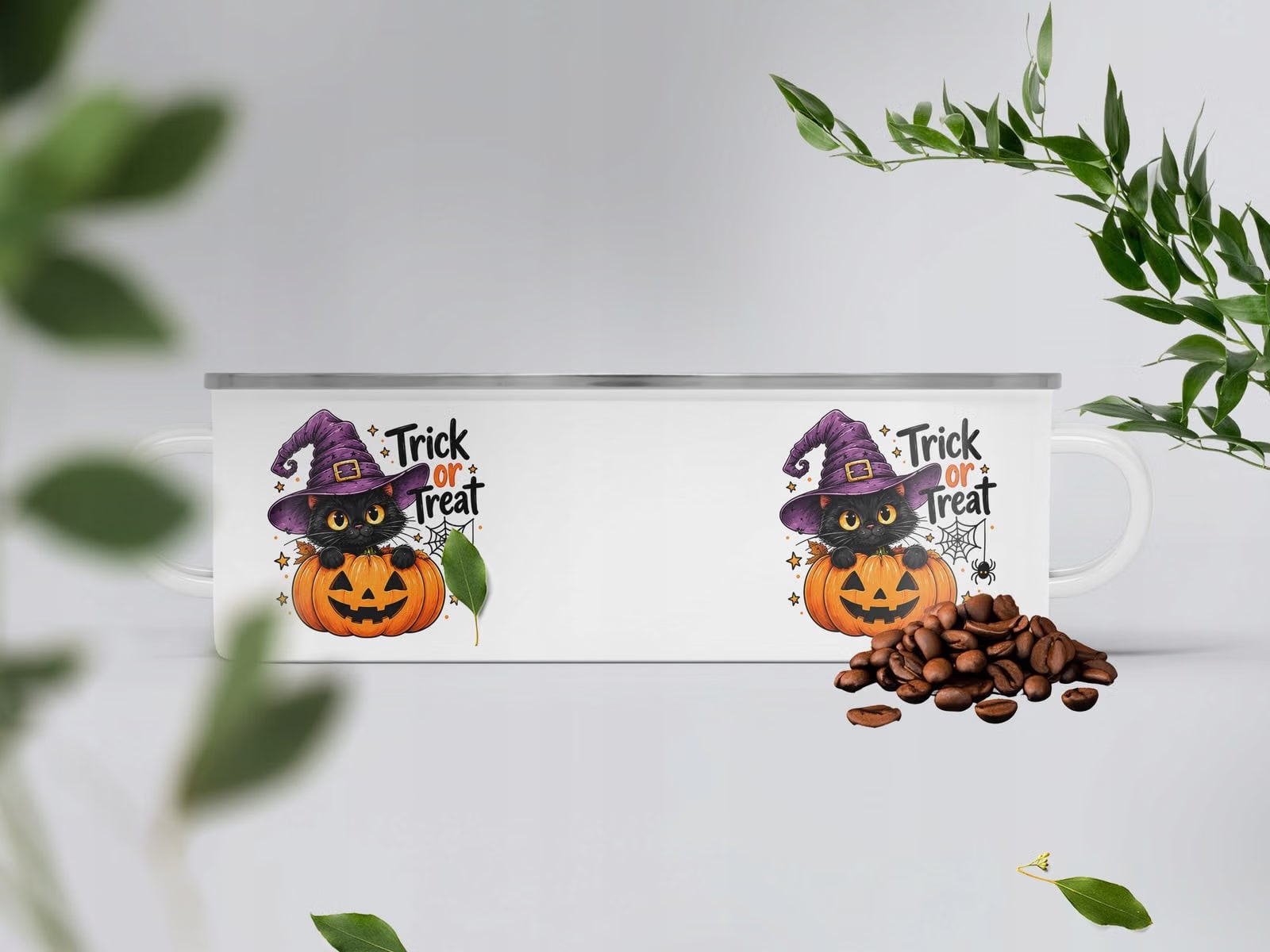 Kubek Emaliowany Halloween Kot Dynia z Nadrukiem Biały Metalowy Prezent