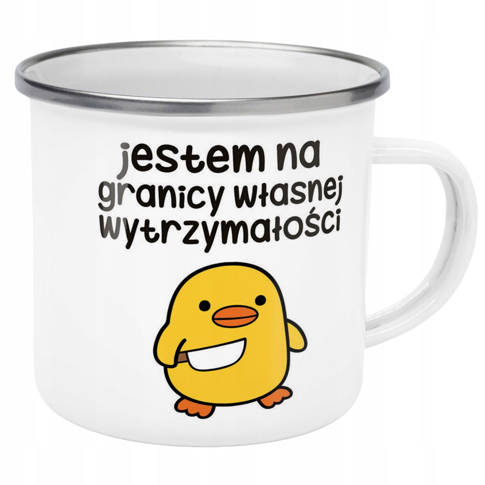 Kubek Emaliowany Jestem Granicy Śmieszny Zabawny z Nadrukiem Biały Metalowy