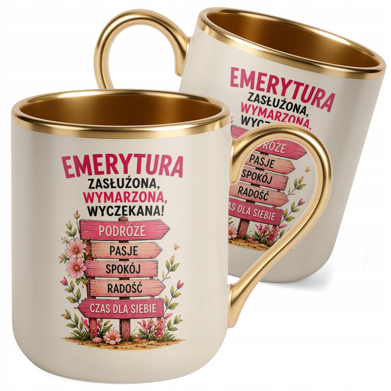 Kubek z nadrukiem Premium Złoty Ecru Emerytura Dla Emerytki Prezent