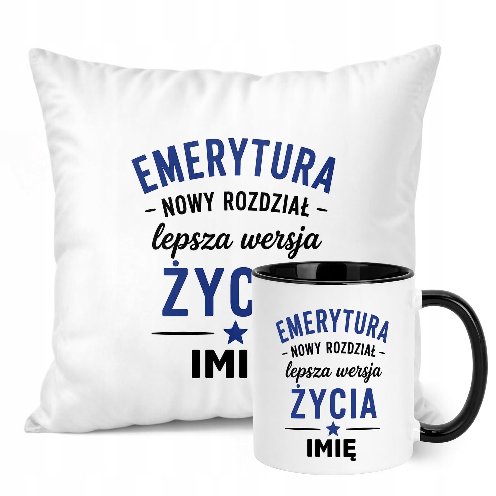 Zestaw Personalizowany Kubek Czarny Poduszka Emerytura Upominek Prezent